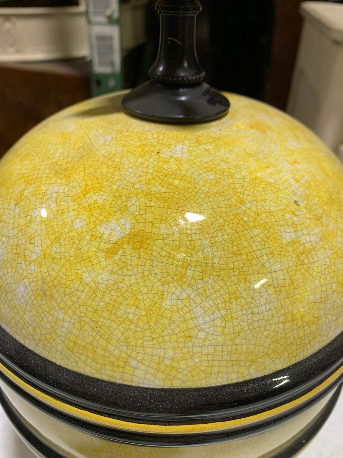 Glazed Mid-20th Century Black and Yellow Pottery Lamp on Custom Base For Sale