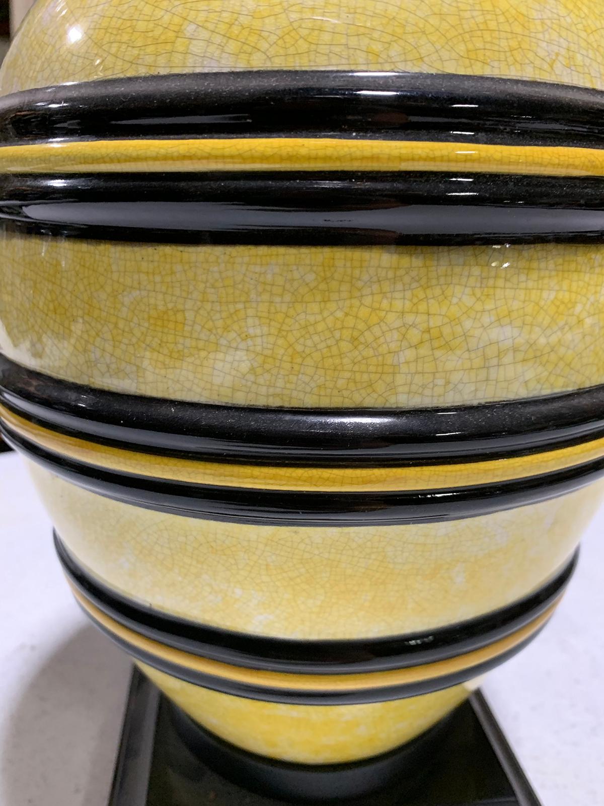 Mid-20th Century Black and Yellow Pottery Lamp on Custom Base In Good Condition For Sale In Atlanta, GA