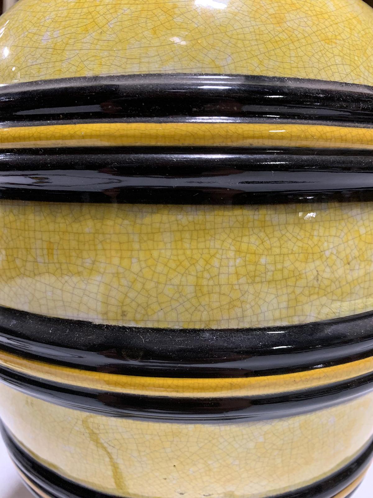 Mid-20th Century Black and Yellow Pottery Lamp on Custom Base For Sale 2