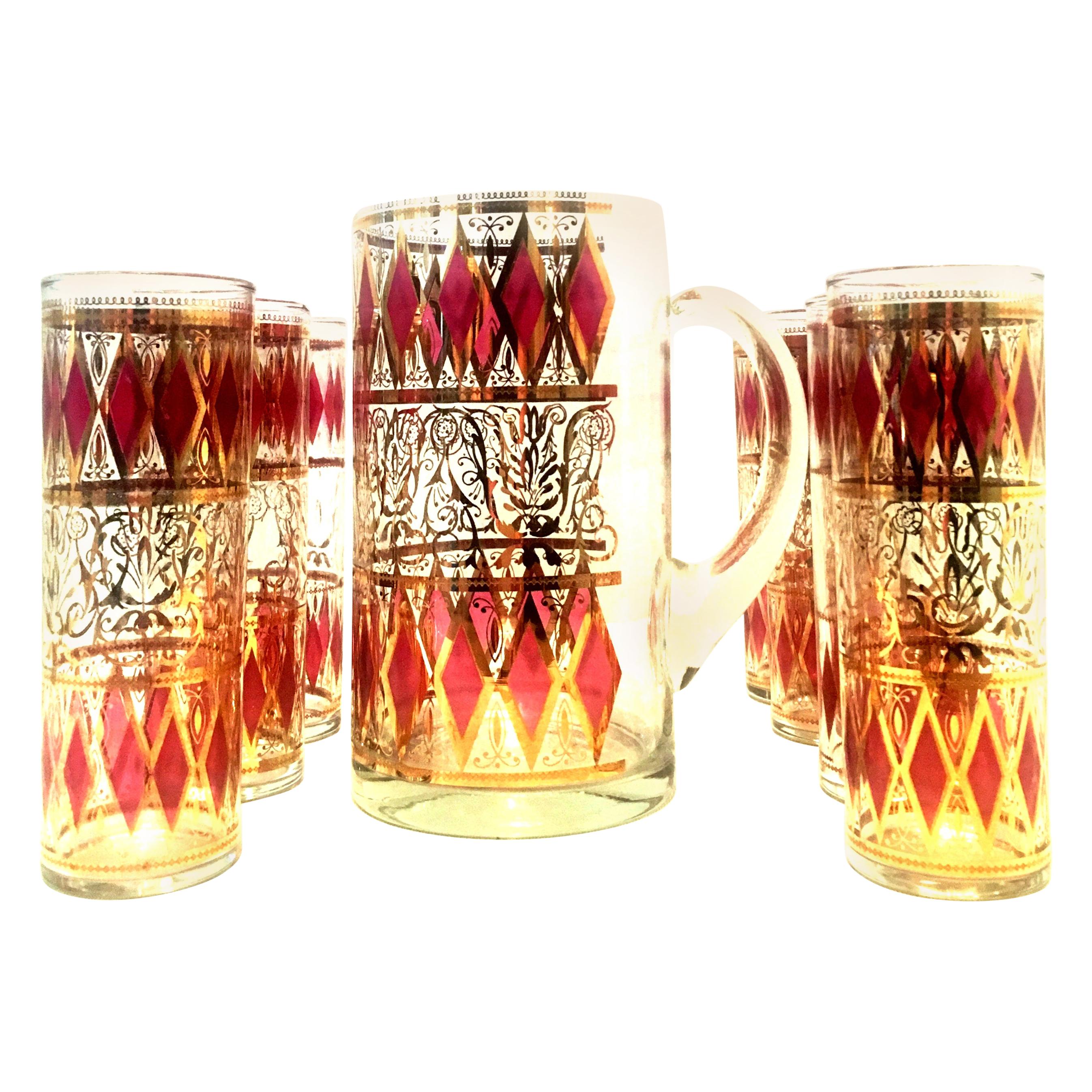 Mid-20th Century Blown Glass & 22-Karat Gold Printed Drinks Set of Seven Pieces