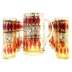 Vintage Mid-20th Century Blown Glass & 22-Karat Gold Printed Drinks Set of Seven Pieces