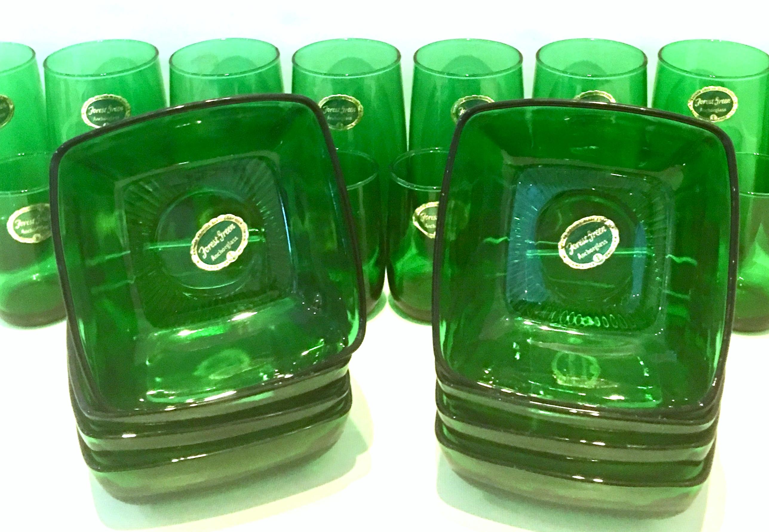 Mid-20th century and new blown glass drink glass and square bowl set of twenty four pieces by, Anchor Hocking Glass Corp. This emerald green blown glass drink glass and bowl set includes, eight large tumbler drink glasses, eight small tumbler drink