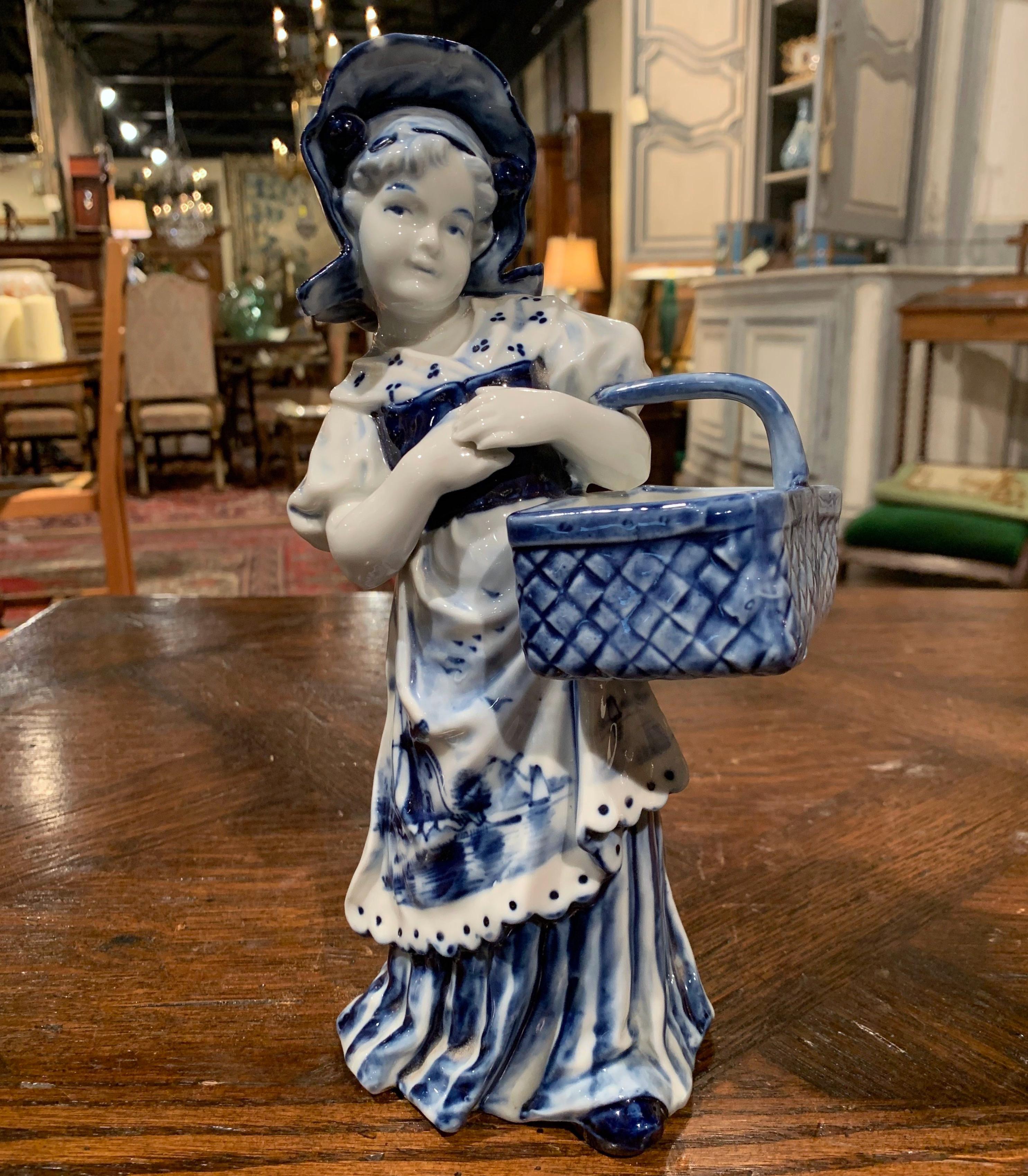 Mid-20th Century Blue and White Hand Painted Delft Porcelain Figurine In Excellent Condition In Dallas, TX