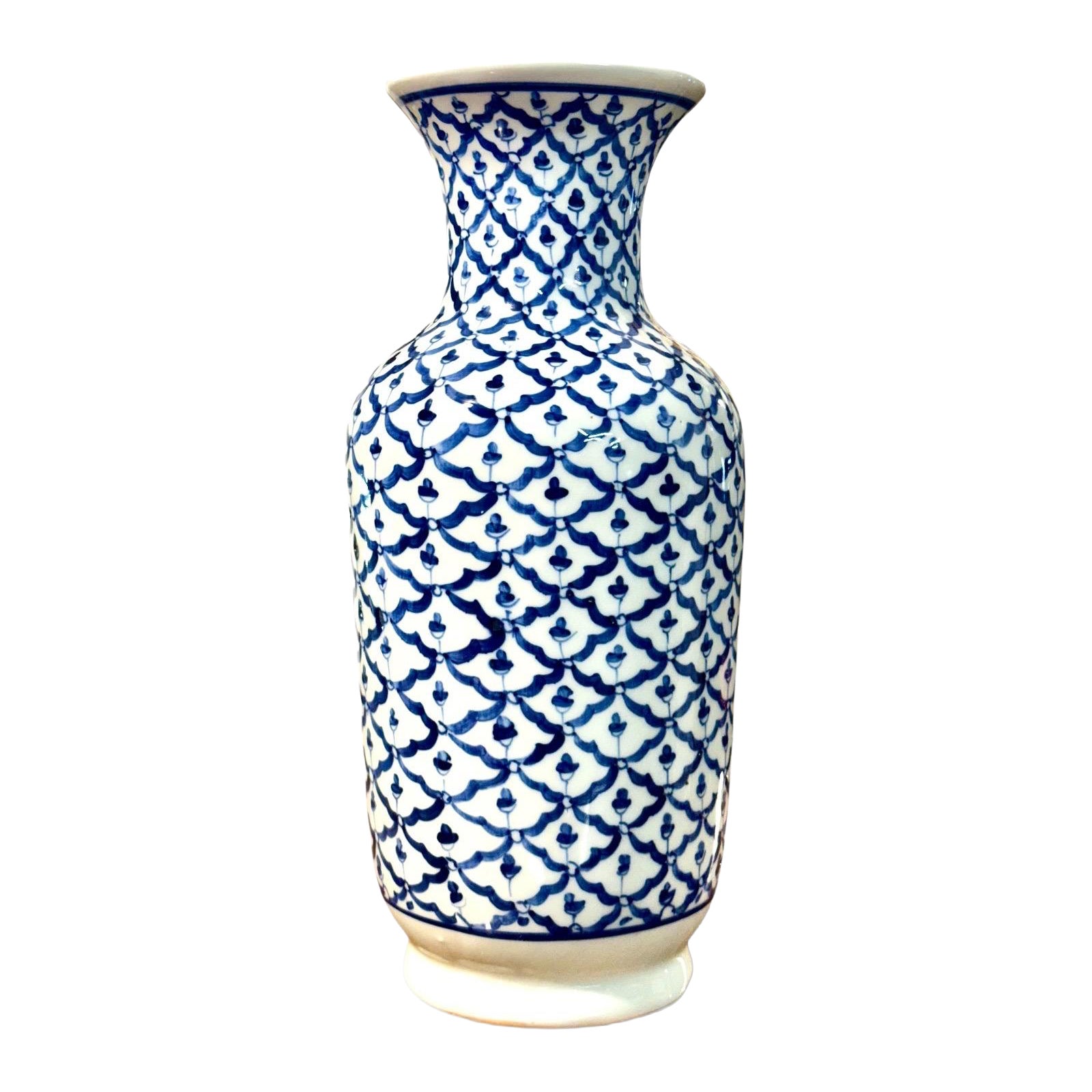 Mid-20th Century Blue and White Porcelain Vase, Floral Lattice Design For Sale