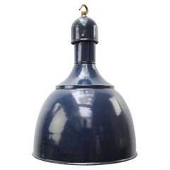 Mid-20th Century Blue Enamel Industrial Pendant Lamp, Brass Top