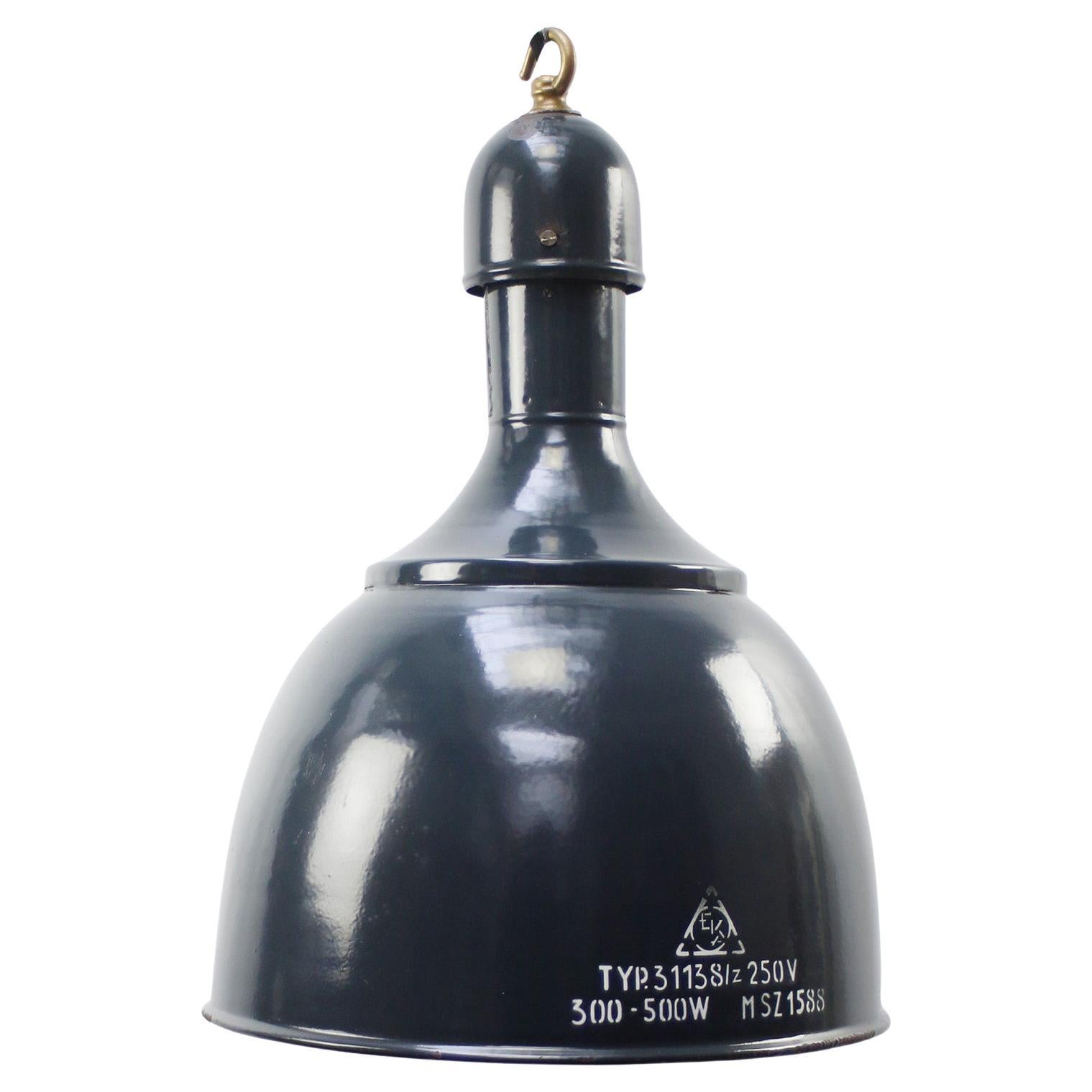 Mid-20th Century Blue Enamel Pendant Lamp, Brass Top, Industrial Style For Sale