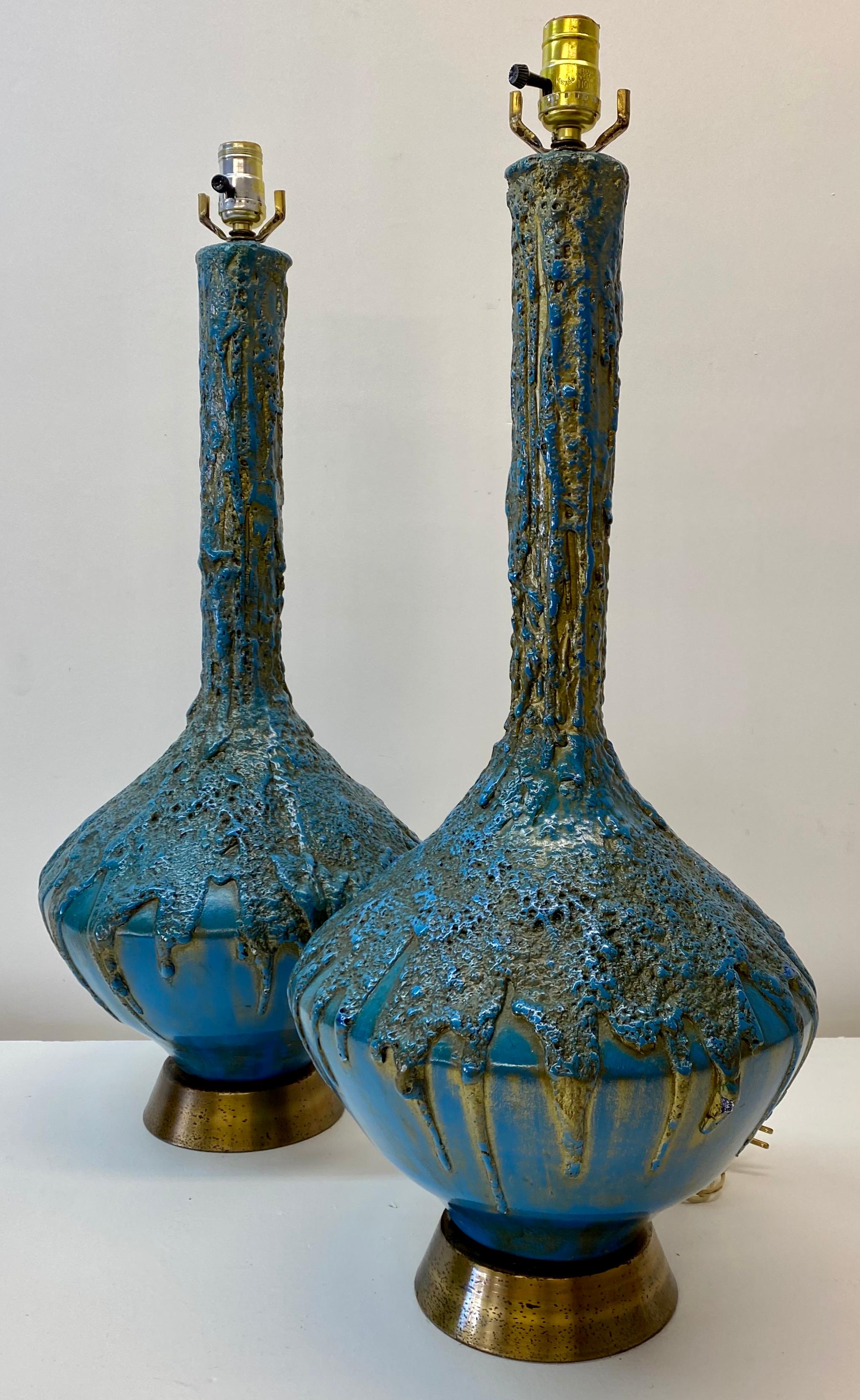 Mid 20th century blue & gold lava glaze table lamps C.1950

Gorgeous large scale table lamps with heavily applied lava style glaze

6