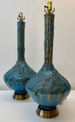 Mid 20th Century Blue & Gold Lava Glaze Table Lamps, C.1950