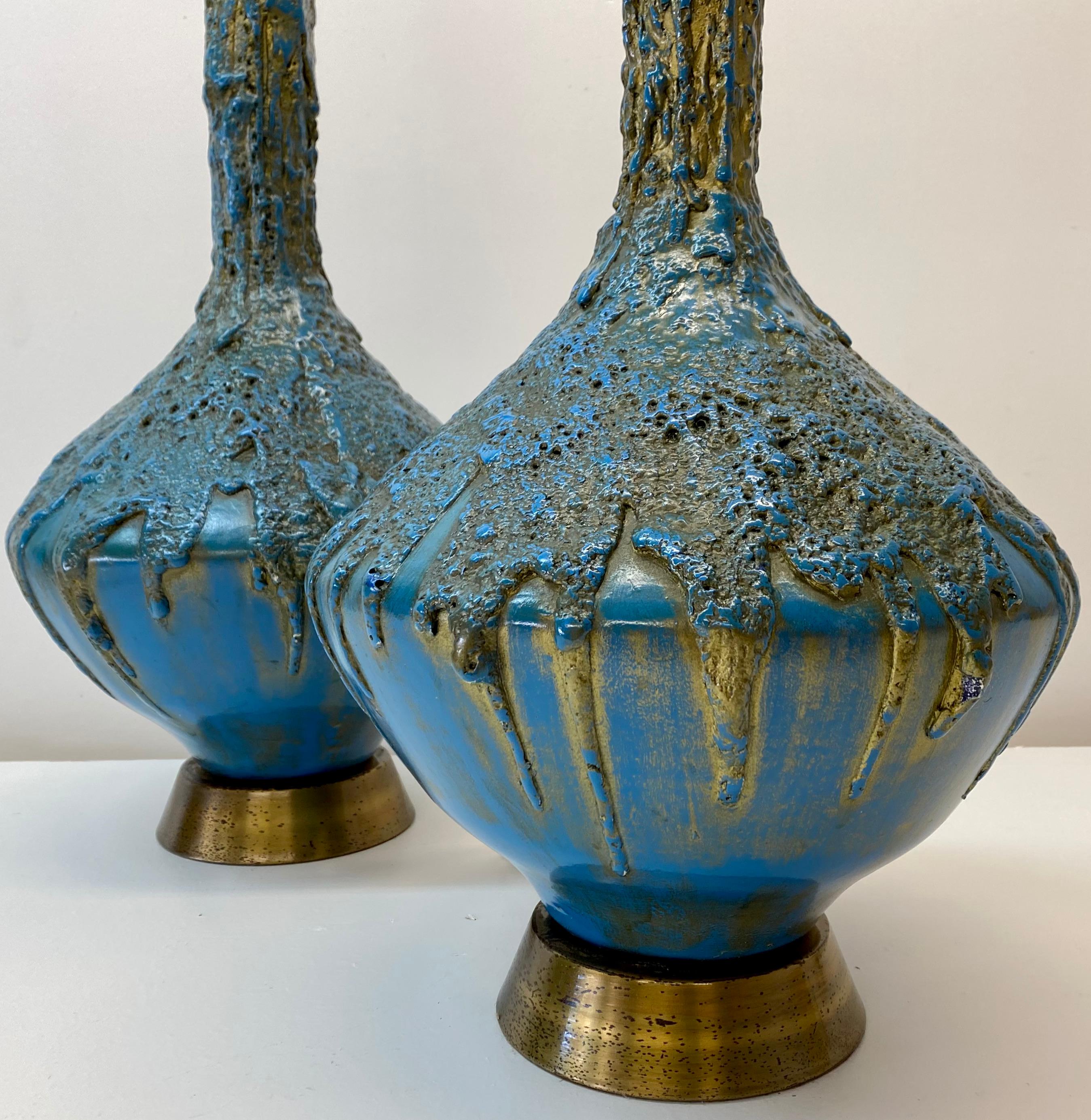 Mid-Century Modern Mid 20th Century Blue & Gold Lava Glaze Table Lamps, C.1950 For Sale