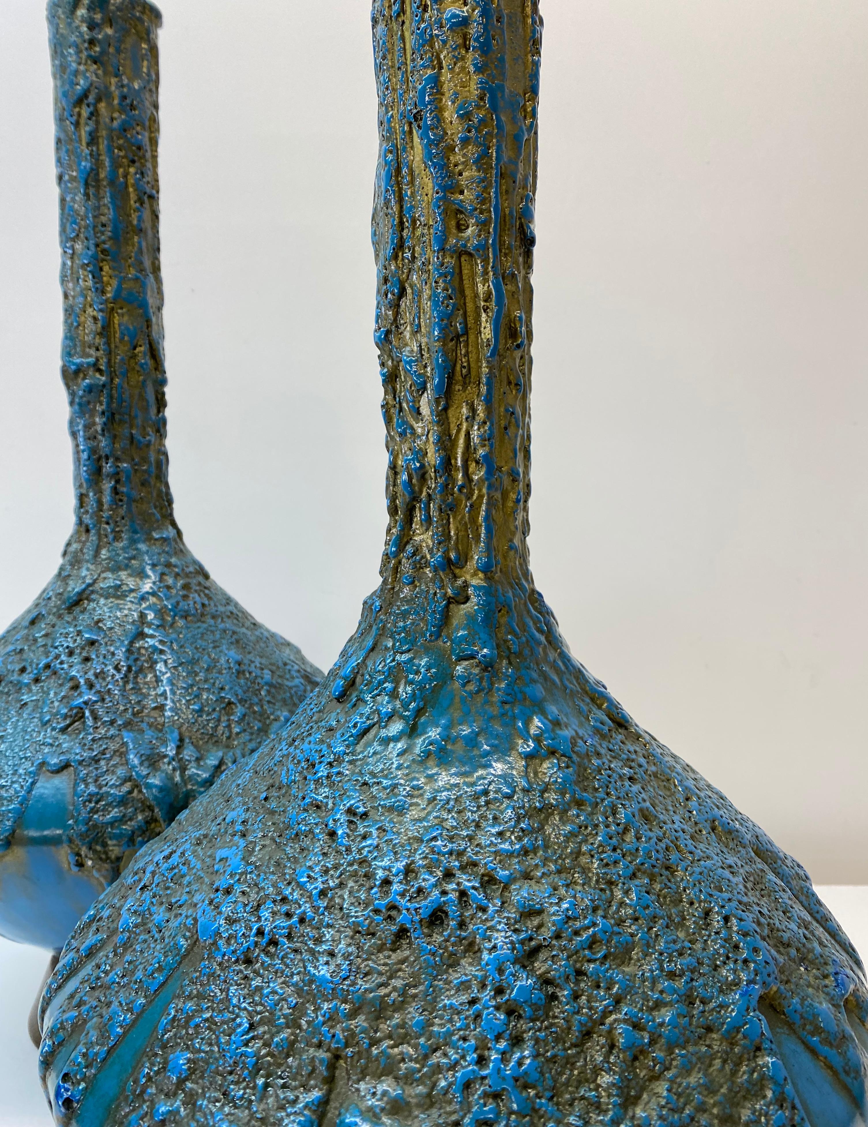 American Mid 20th Century Blue & Gold Lava Glaze Table Lamps, C.1950 For Sale