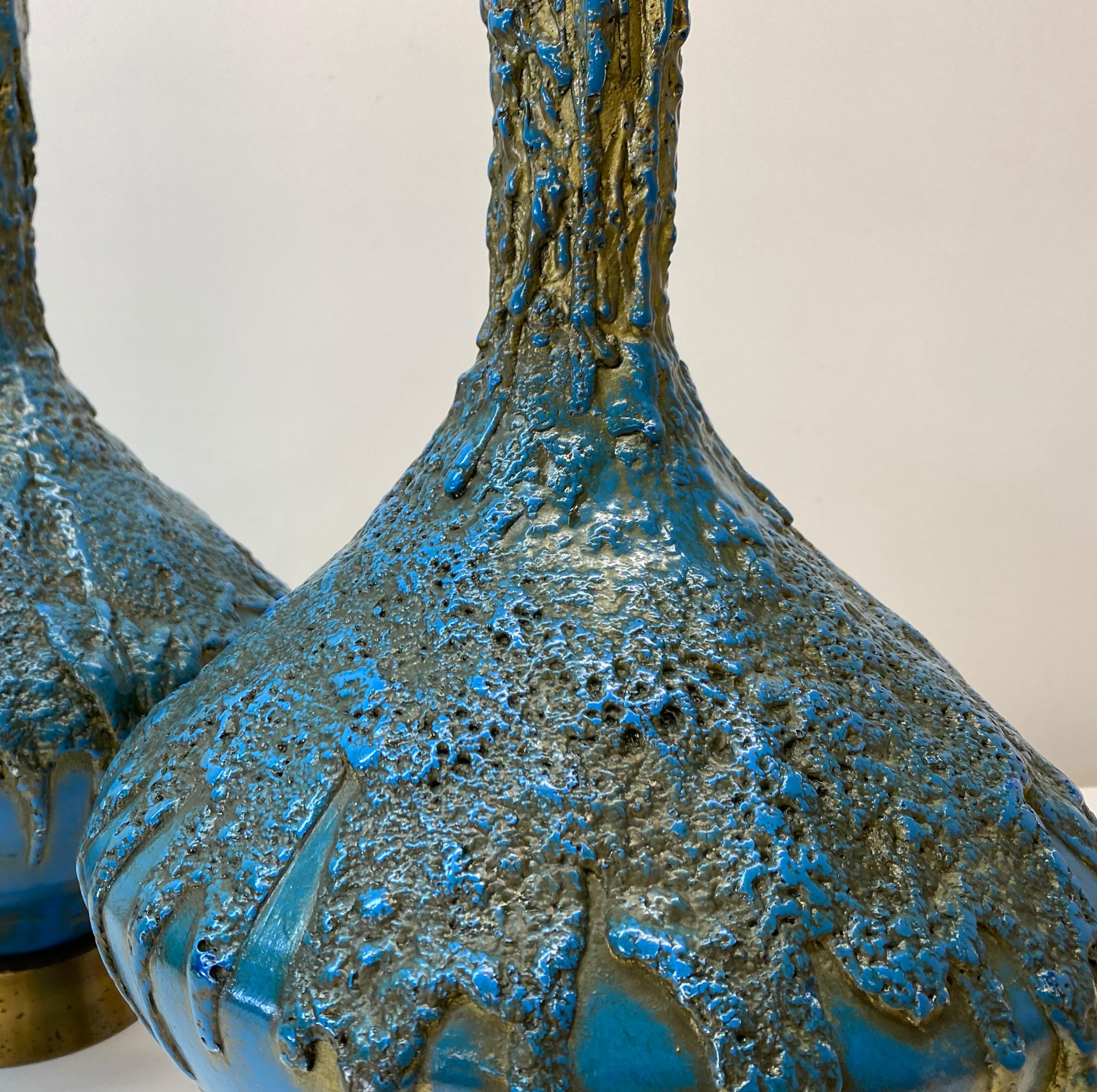 Glazed Mid 20th Century Blue & Gold Lava Glaze Table Lamps, C.1950 For Sale