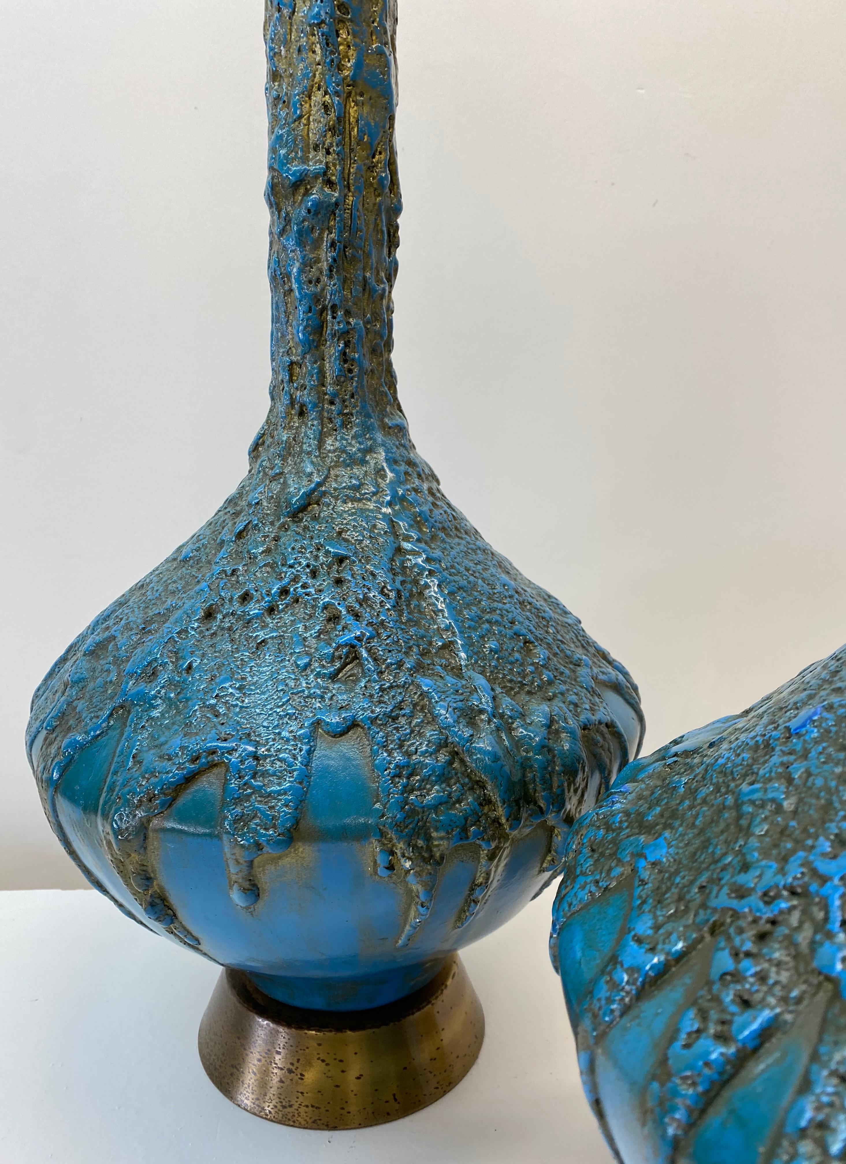 Mid 20th Century Blue & Gold Lava Glaze Table Lamps, C.1950 In Good Condition For Sale In San Francisco, CA