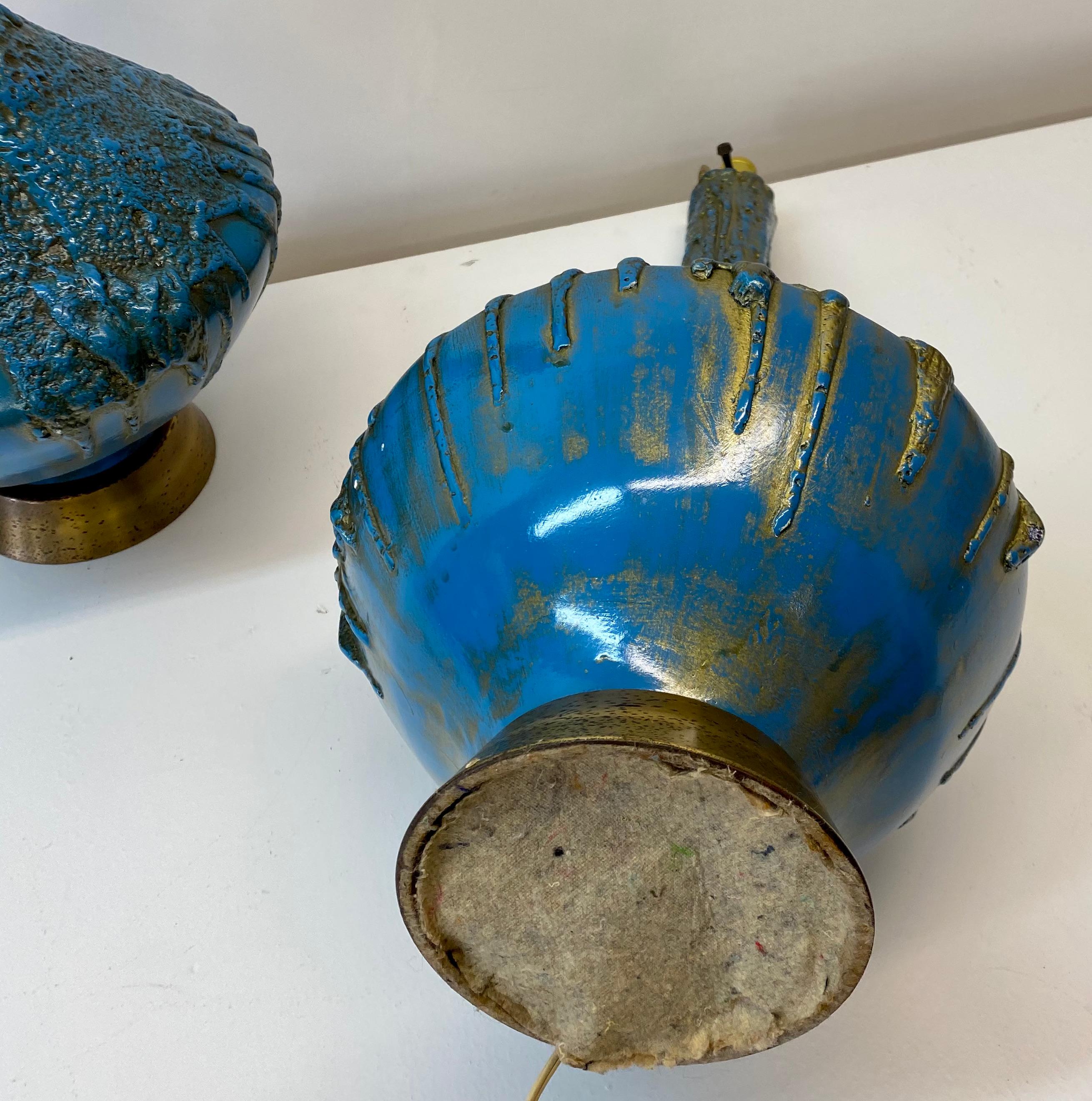 Ceramic Mid 20th Century Blue & Gold Lava Glaze Table Lamps, C.1950 For Sale