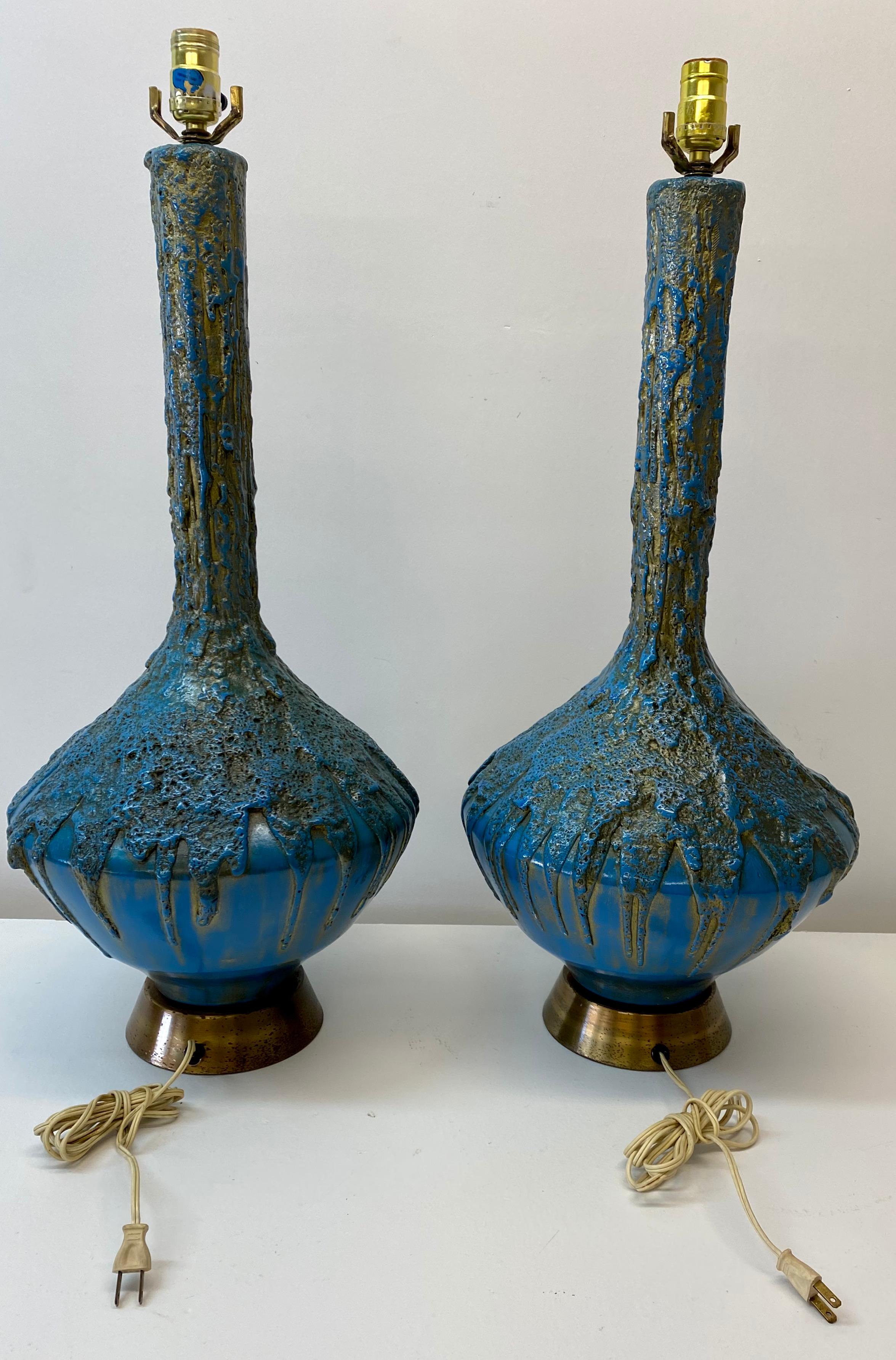 Mid 20th Century Blue & Gold Lava Glaze Table Lamps, C.1950 For Sale 1