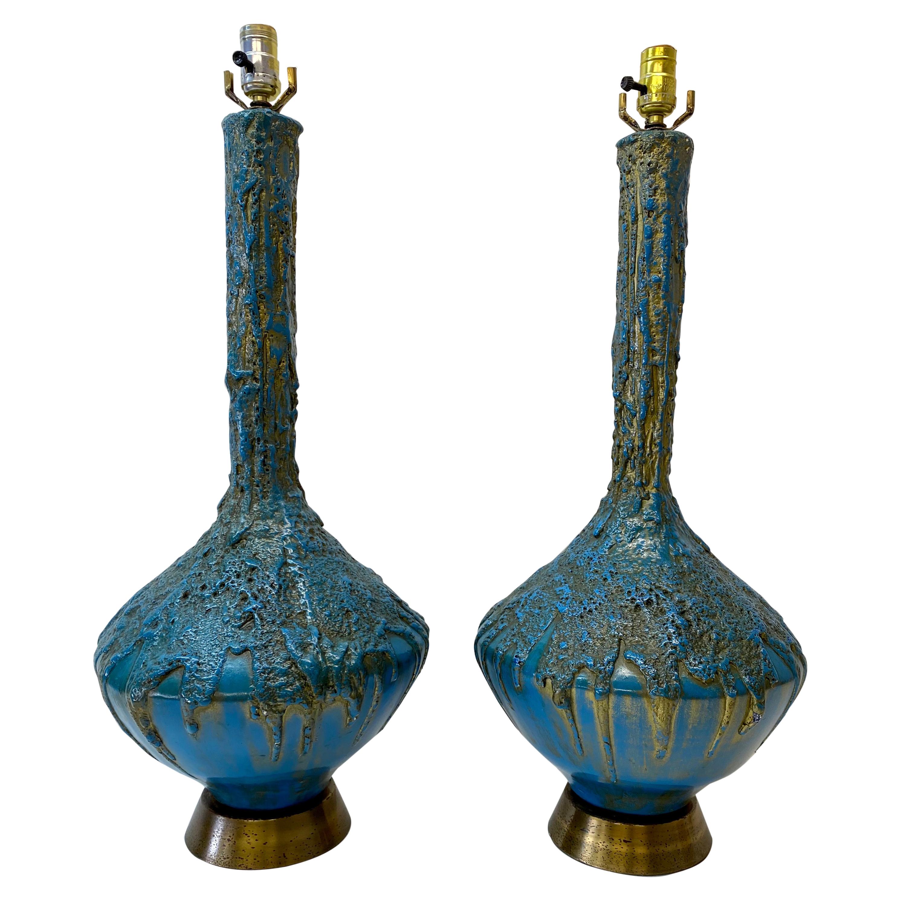 Mid 20th Century Blue & Gold Lava Glaze Table Lamps, C.1950