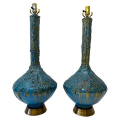 Retro Mid 20th Century Blue & Gold Lava Glaze Table Lamps, C.1950