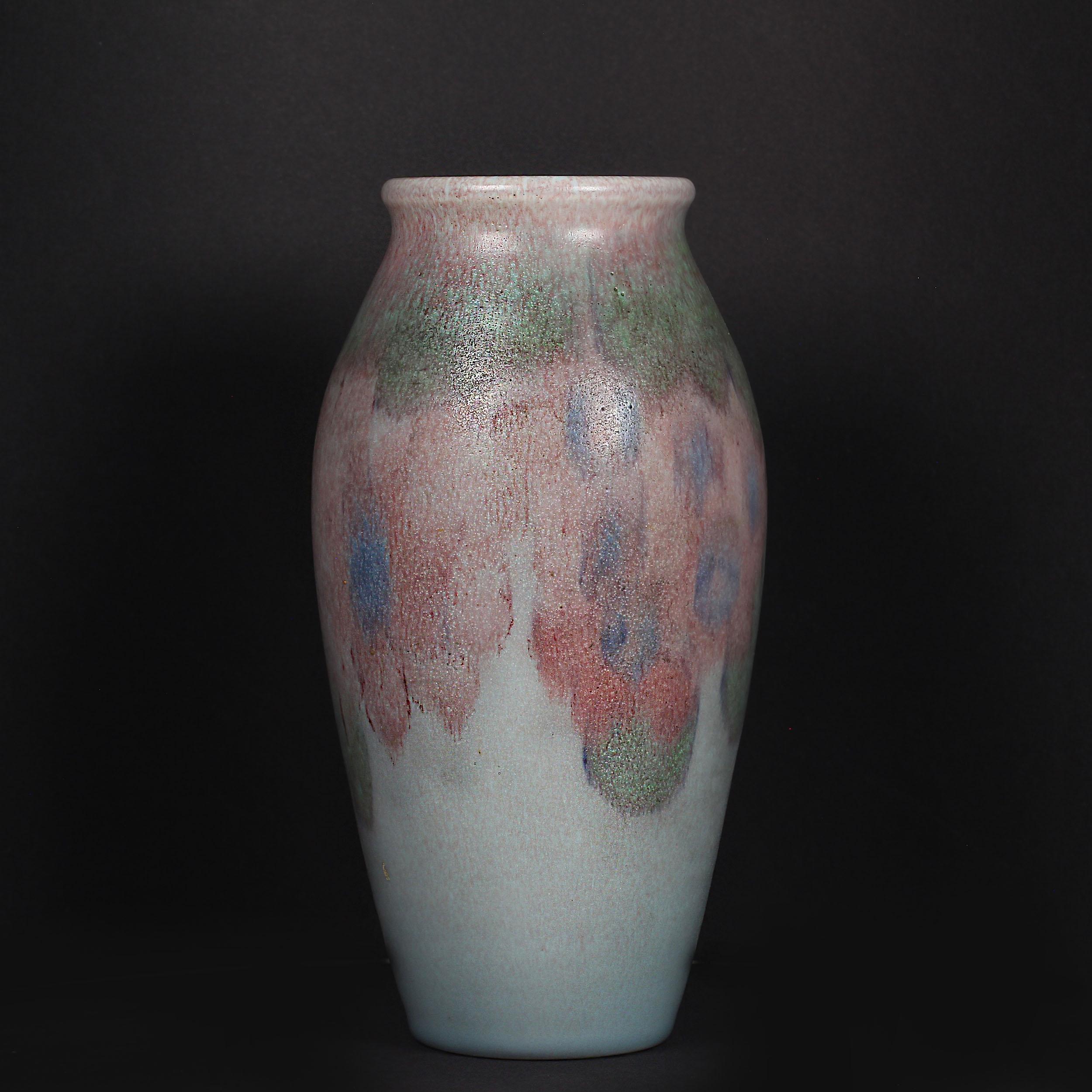Mid 20th Century Blue-Gray 8.5 Inch Vase with Purple and Green wash In Excellent Condition For Sale In Raleigh, US