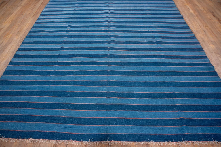 Mid20th Century Blue Striped Dhurrie Rug, Pink Accents, Signed by the