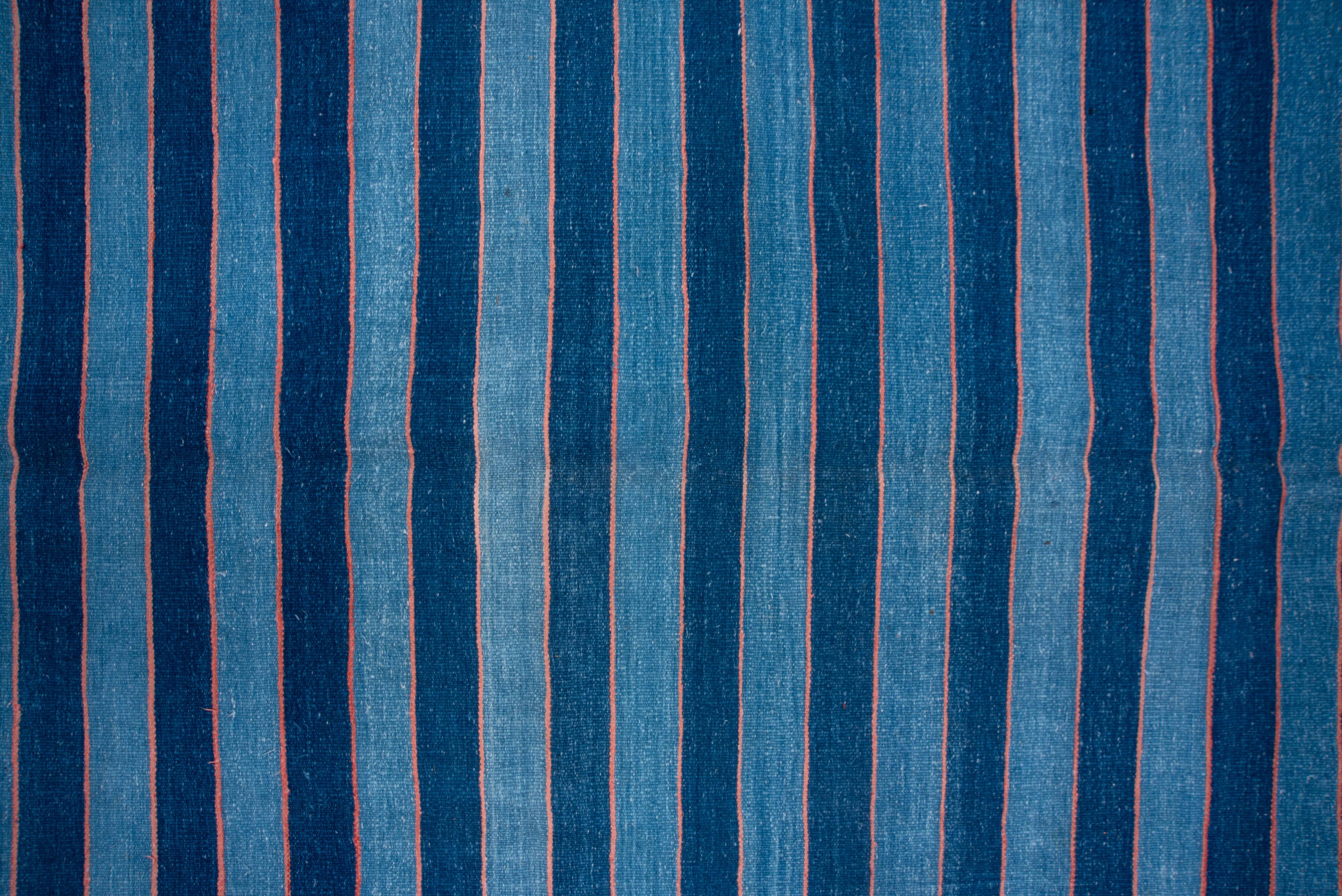 Indian Mid-20th Century Blue Striped Dhurrie Rug, Pink Accents, Signed by the Weaver