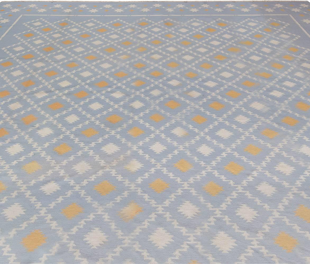 Mid-Century Modern Mid-20th Century Blue, White, Orange Indian Dhurrie Flat-Weave Cotton Rug