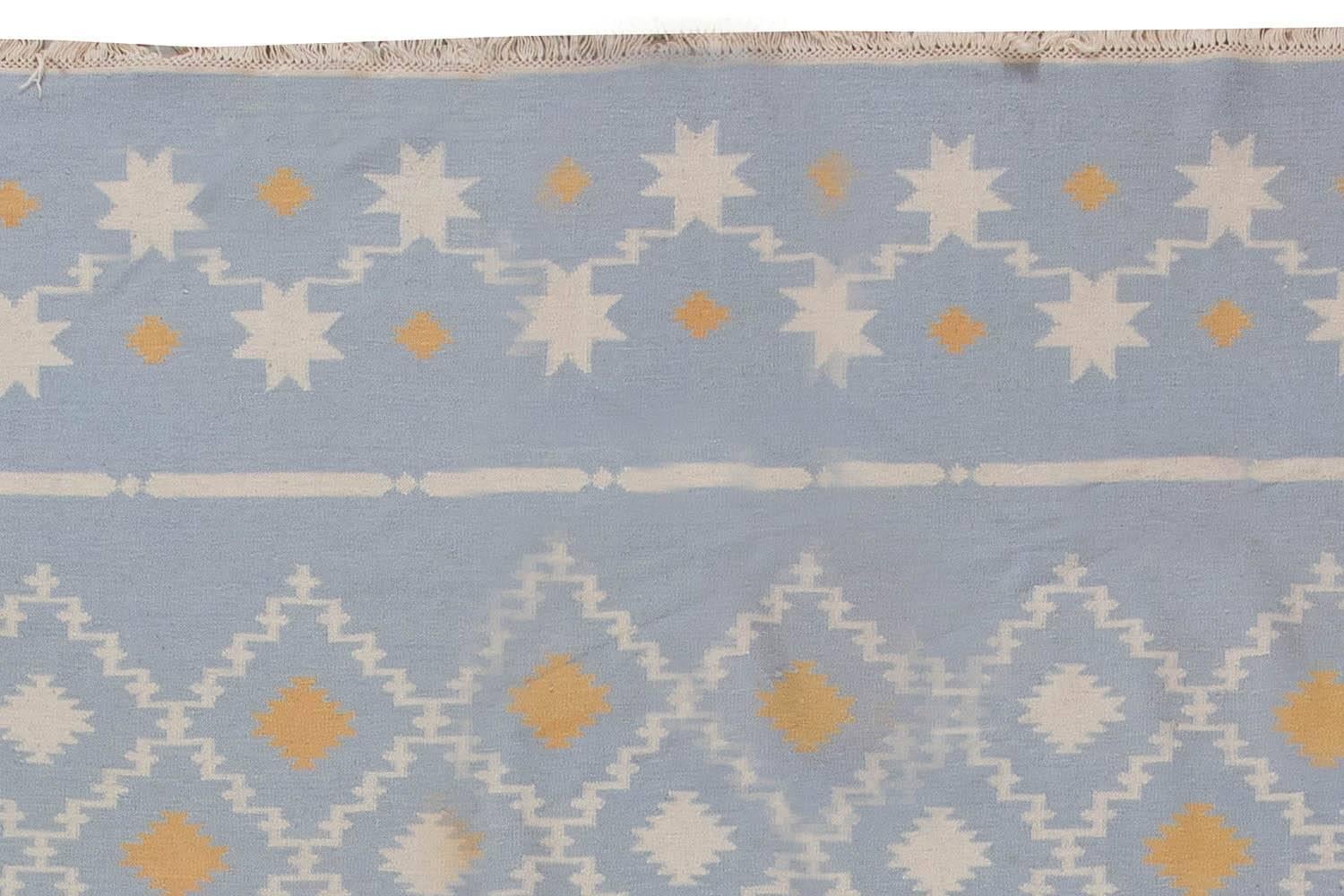 Hand-Woven Mid-20th Century Blue, White, Orange Indian Dhurrie Flat-Weave Cotton Rug