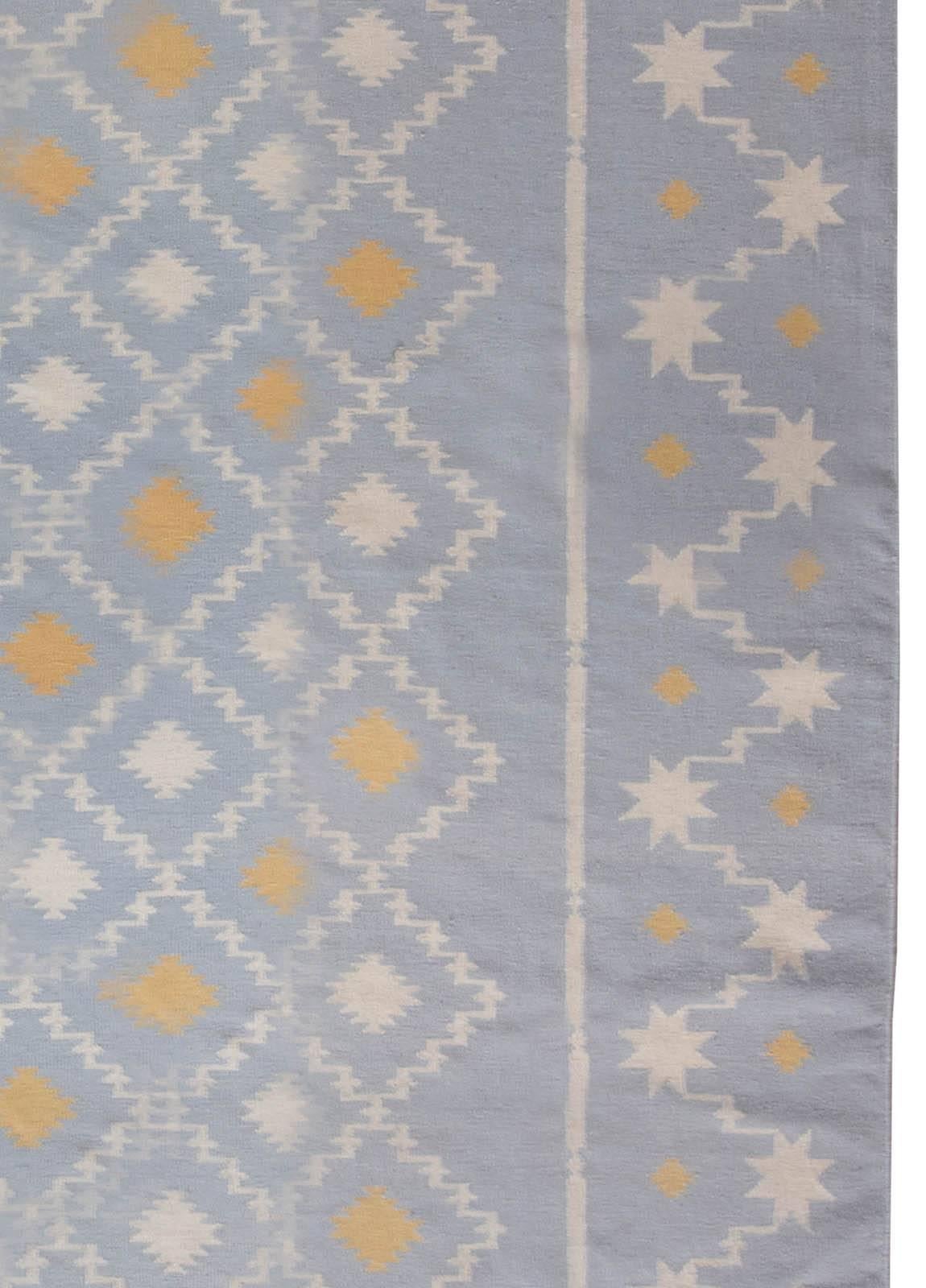 Mid-20th Century Blue, White, Orange Indian Dhurrie Flat-Weave Cotton Rug In Good Condition In New York, NY