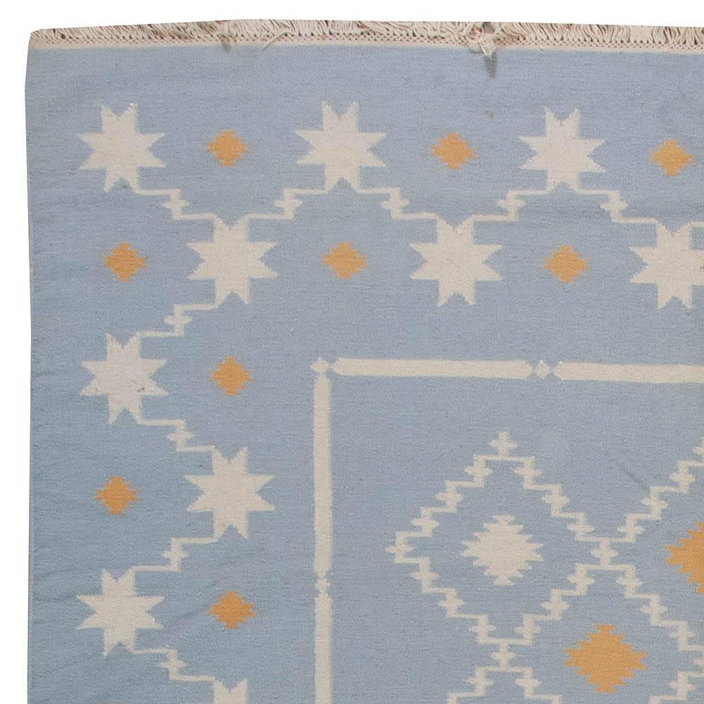 Mid-20th Century Blue, White, Orange Indian Dhurrie Flat-Weave Cotton Rug 1