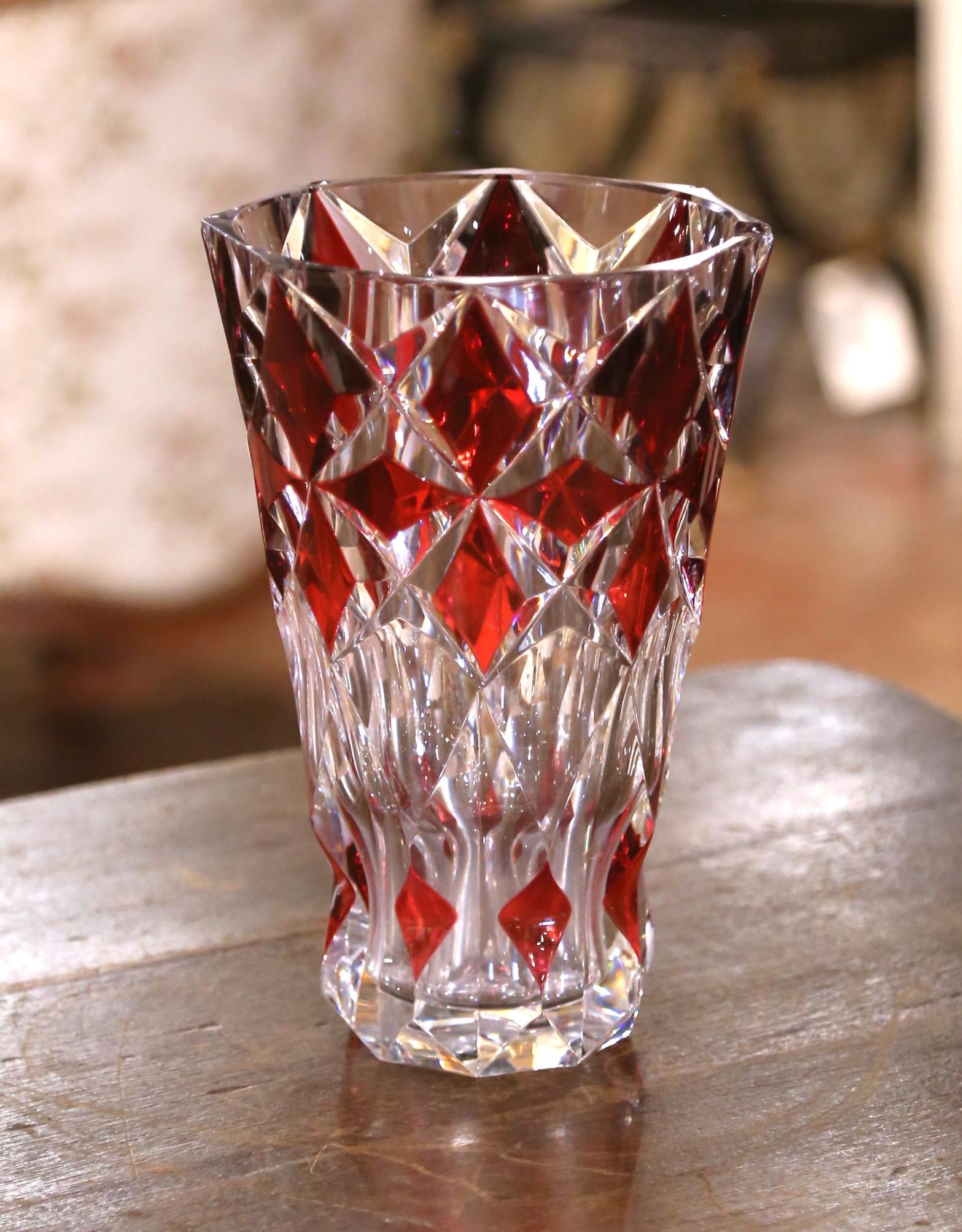 Hand-Crafted Mid-20th Century Bohemian Ruby Red Cut-to-Clear Crystal Vase For Sale
