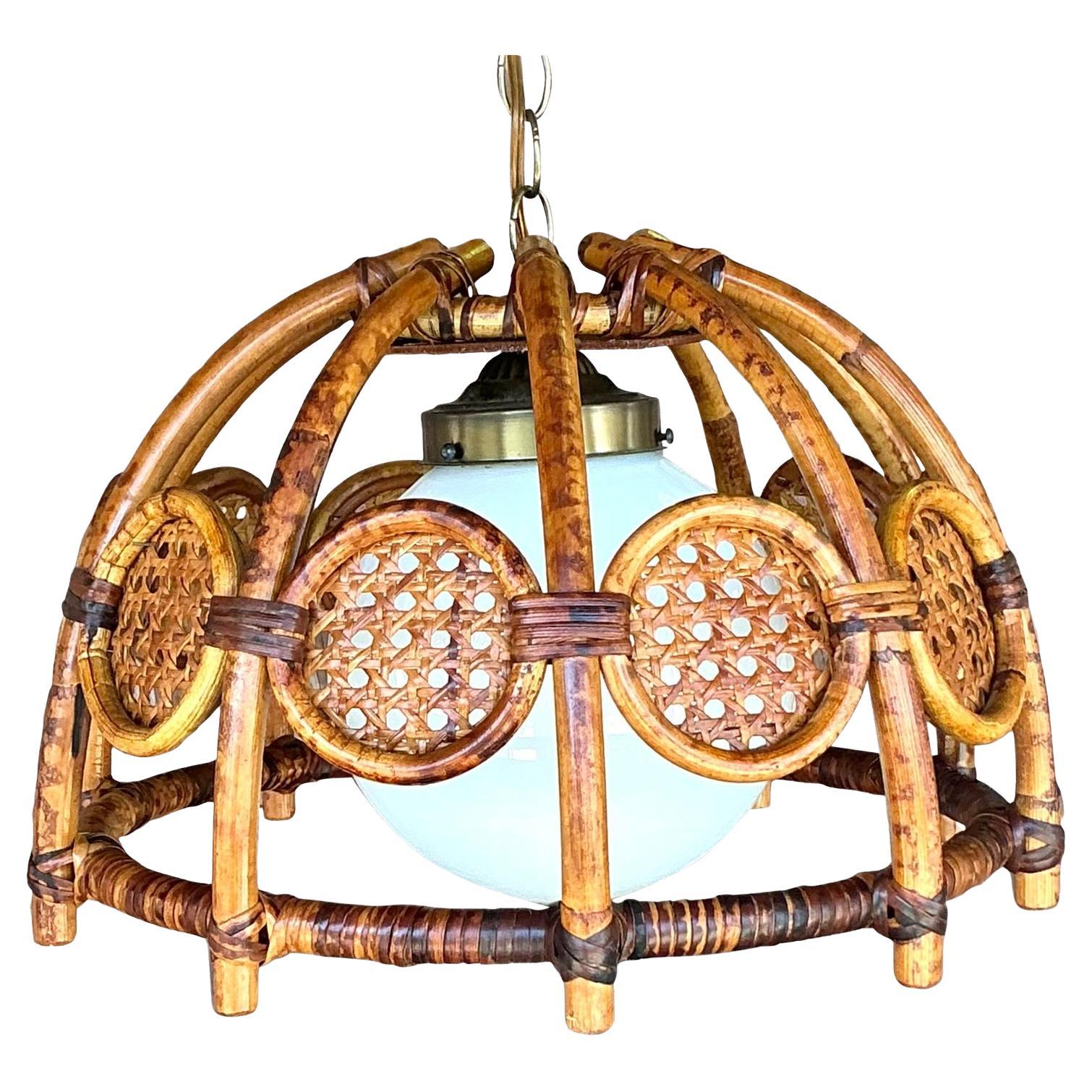 Mid 20th Century Boho Bent Bamboo and Cane Chandelier