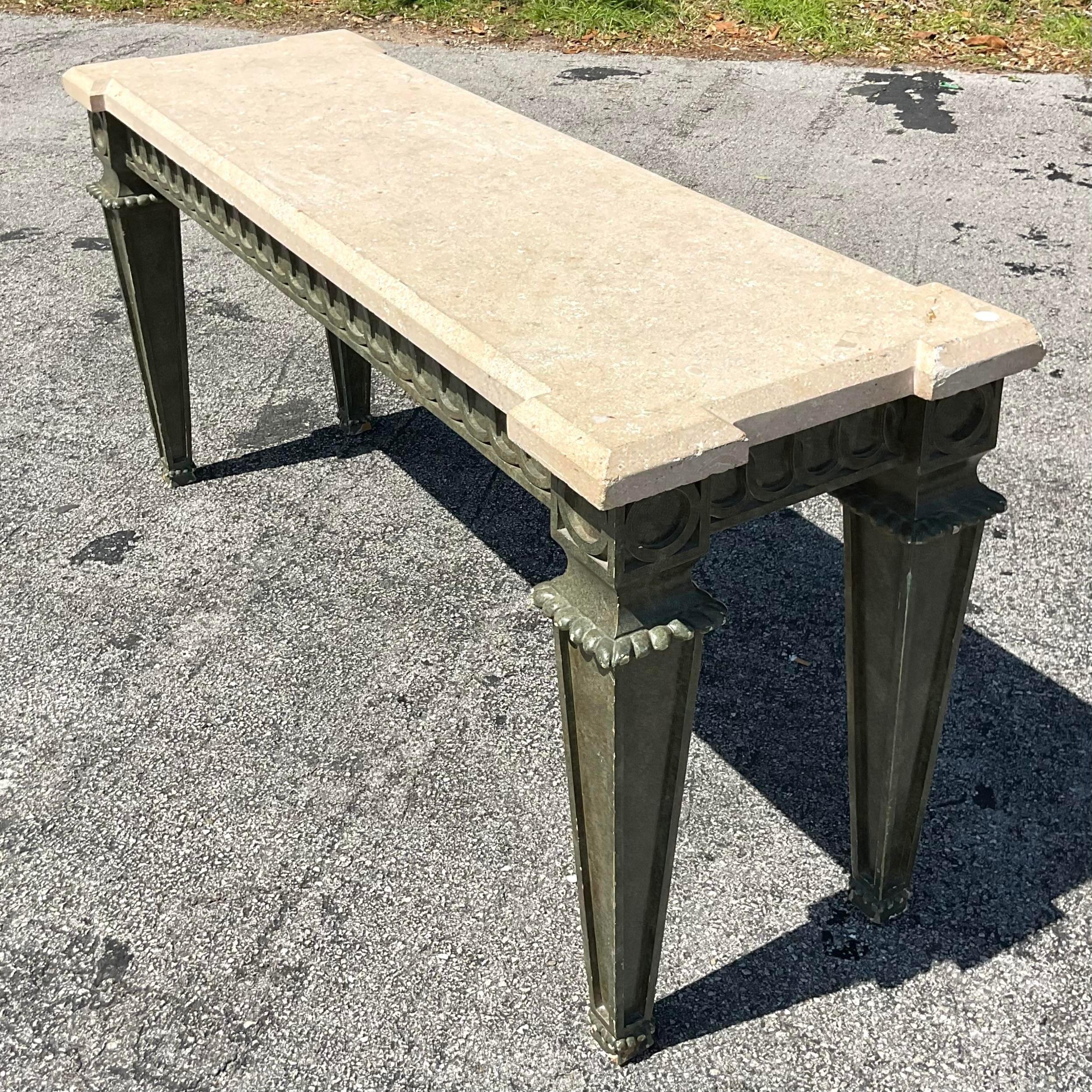 Elevate your home with a touch of boho charm and American craftsmanship! This vintage console table features intricately carved rings, adding a unique and artistic flair to your space. With its blend of organic textures and timeless design, this