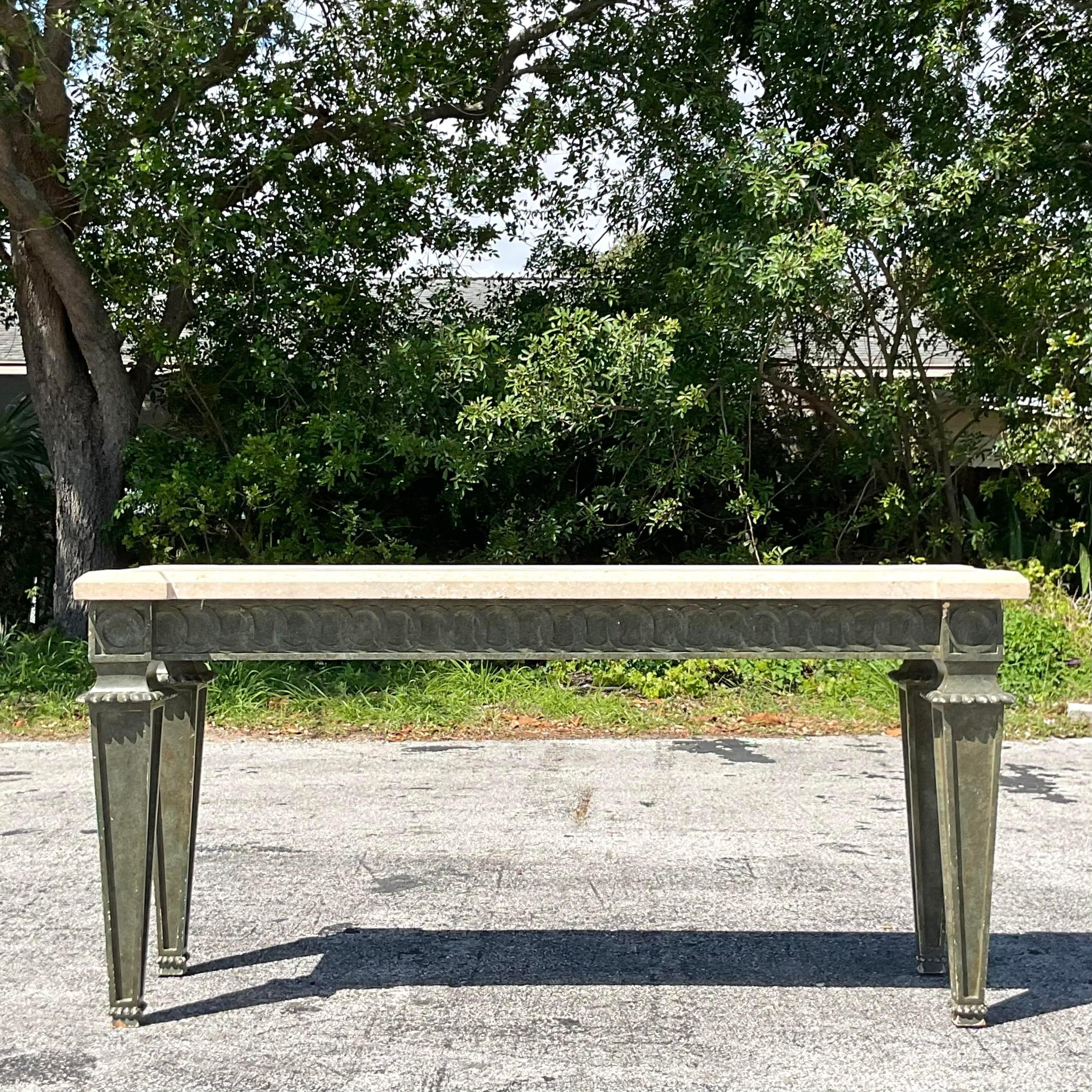 Mid-Century Modern Mid 20th Century Boho Carved Rings Console Table From an Addison Mizner Estate