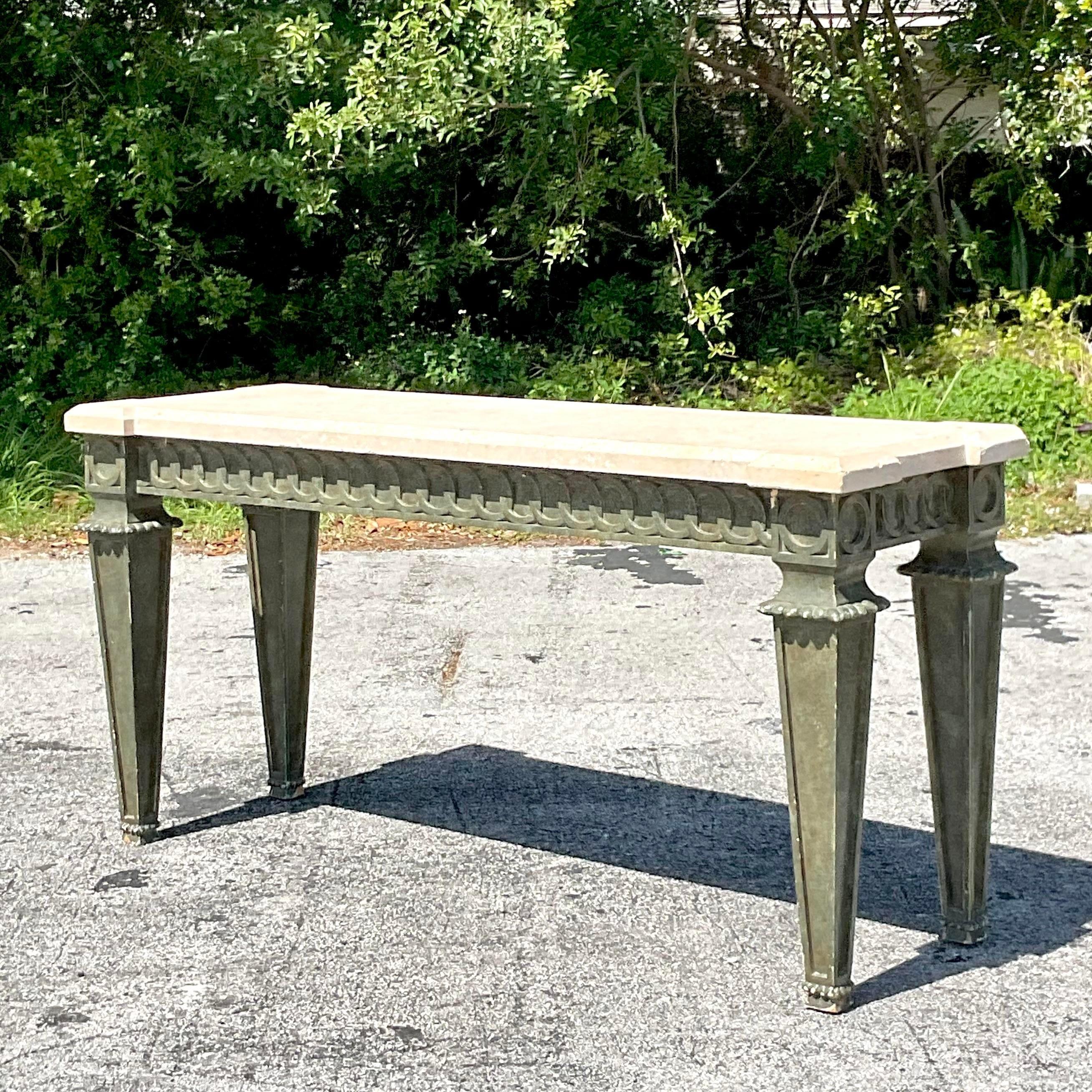 American Mid 20th Century Boho Carved Rings Console Table From an Addison Mizner Estate For Sale