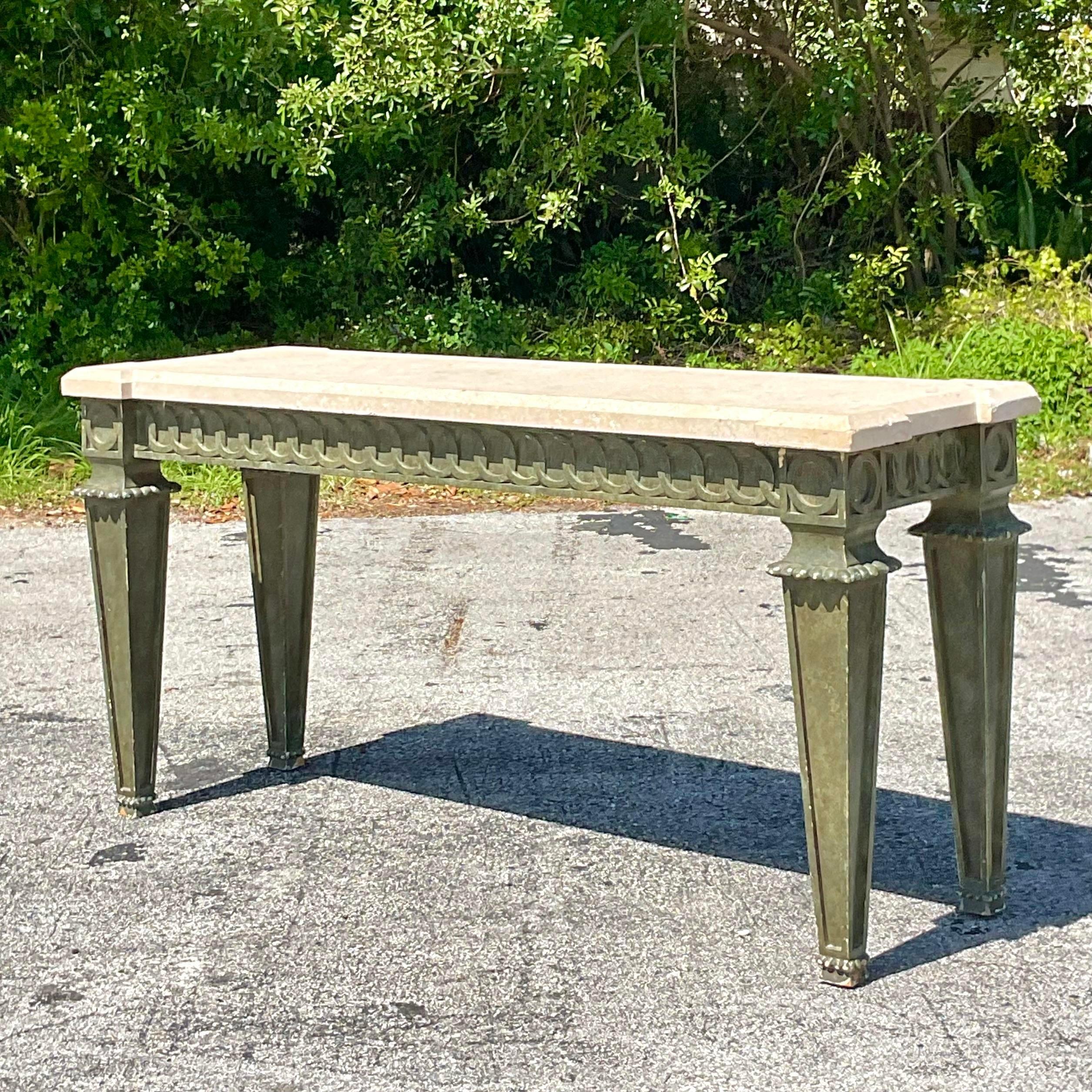Stone Mid 20th Century Boho Carved Rings Console Table From an Addison Mizner Estate For Sale