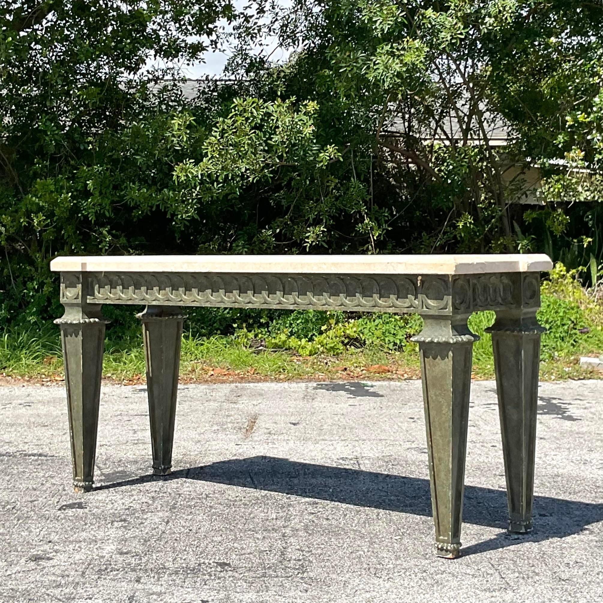 Mid 20th Century Boho Carved Rings Console Table From an Addison Mizner Estate 1