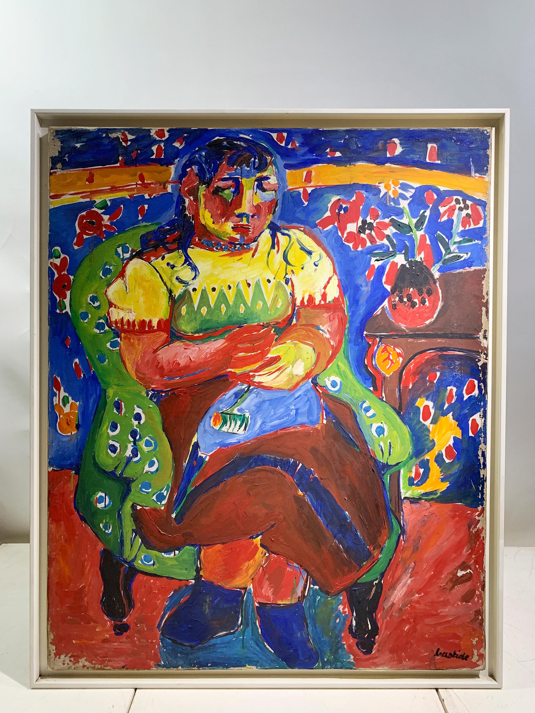 Exécuté avec des coups de pinceau agressifs et épais et une palette dramatique à fort contraste, ce portrait représente une femme dans un moment de contemplation, assise dans un fauteuil d'un vert éclatant. L'artiste utilise une palette de couleurs