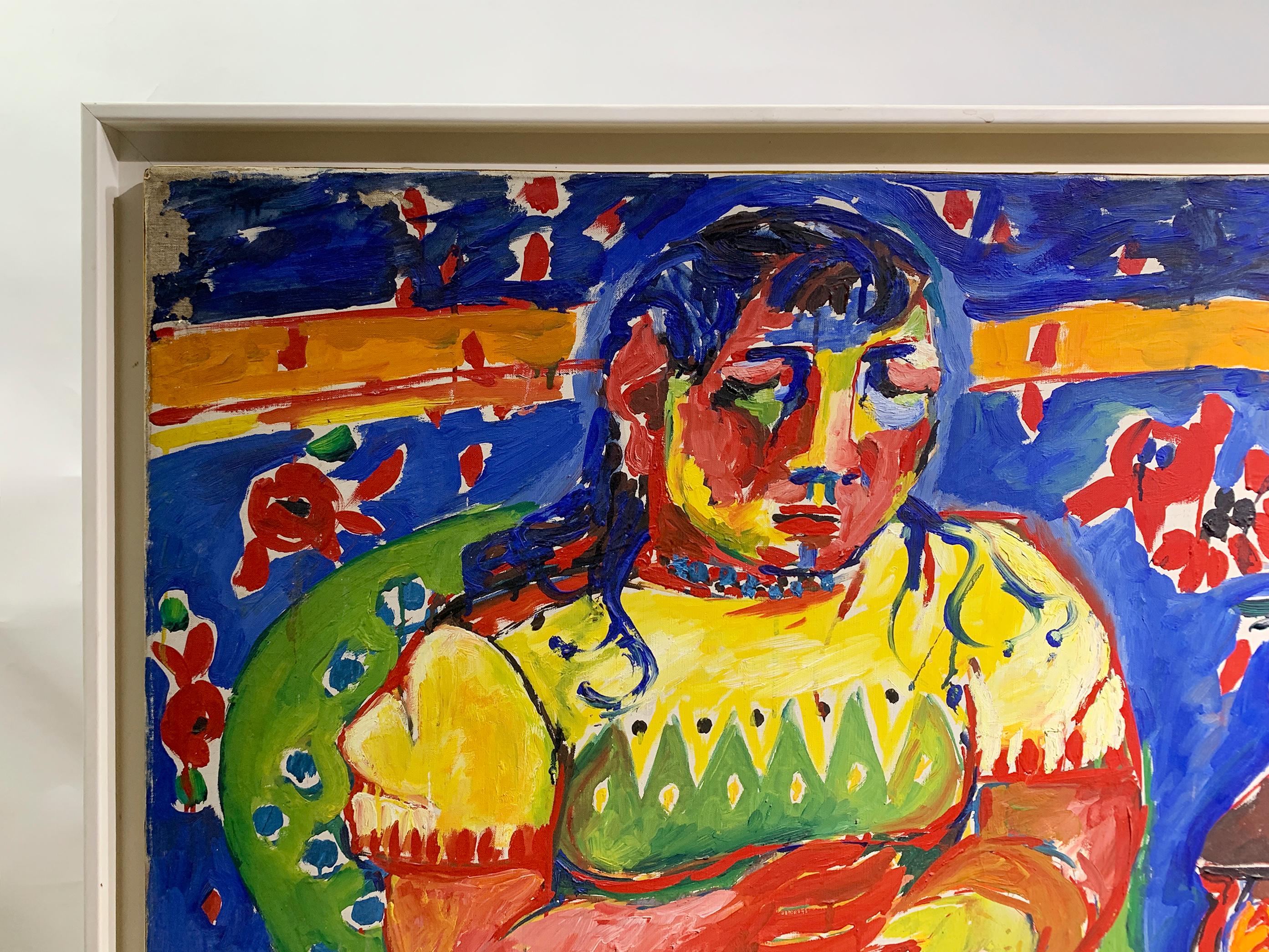 Mid-Century Modern Portrait expressionniste audacieux d'une femme assise, signé 