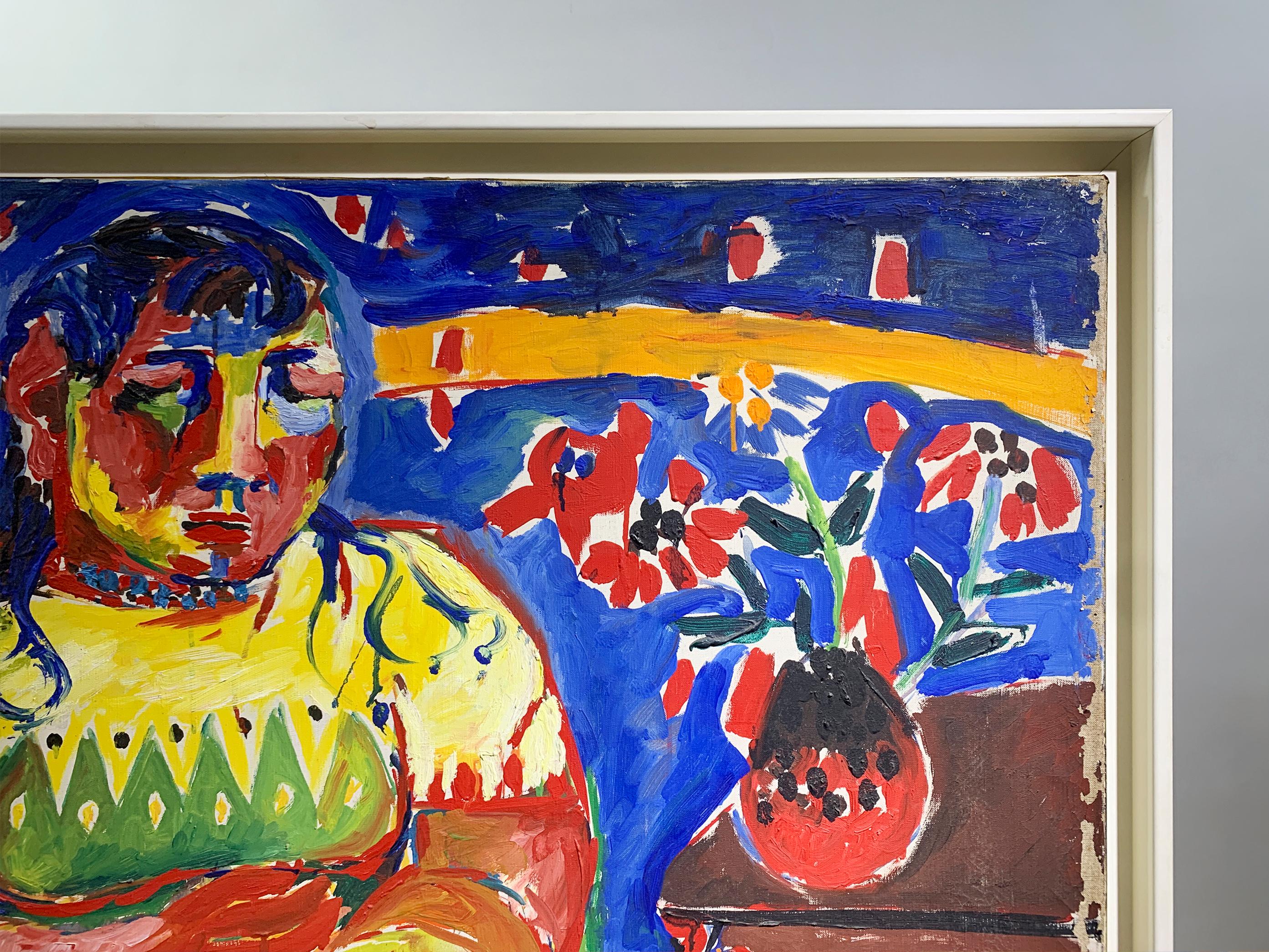 Français Portrait expressionniste audacieux d'une femme assise, signé 