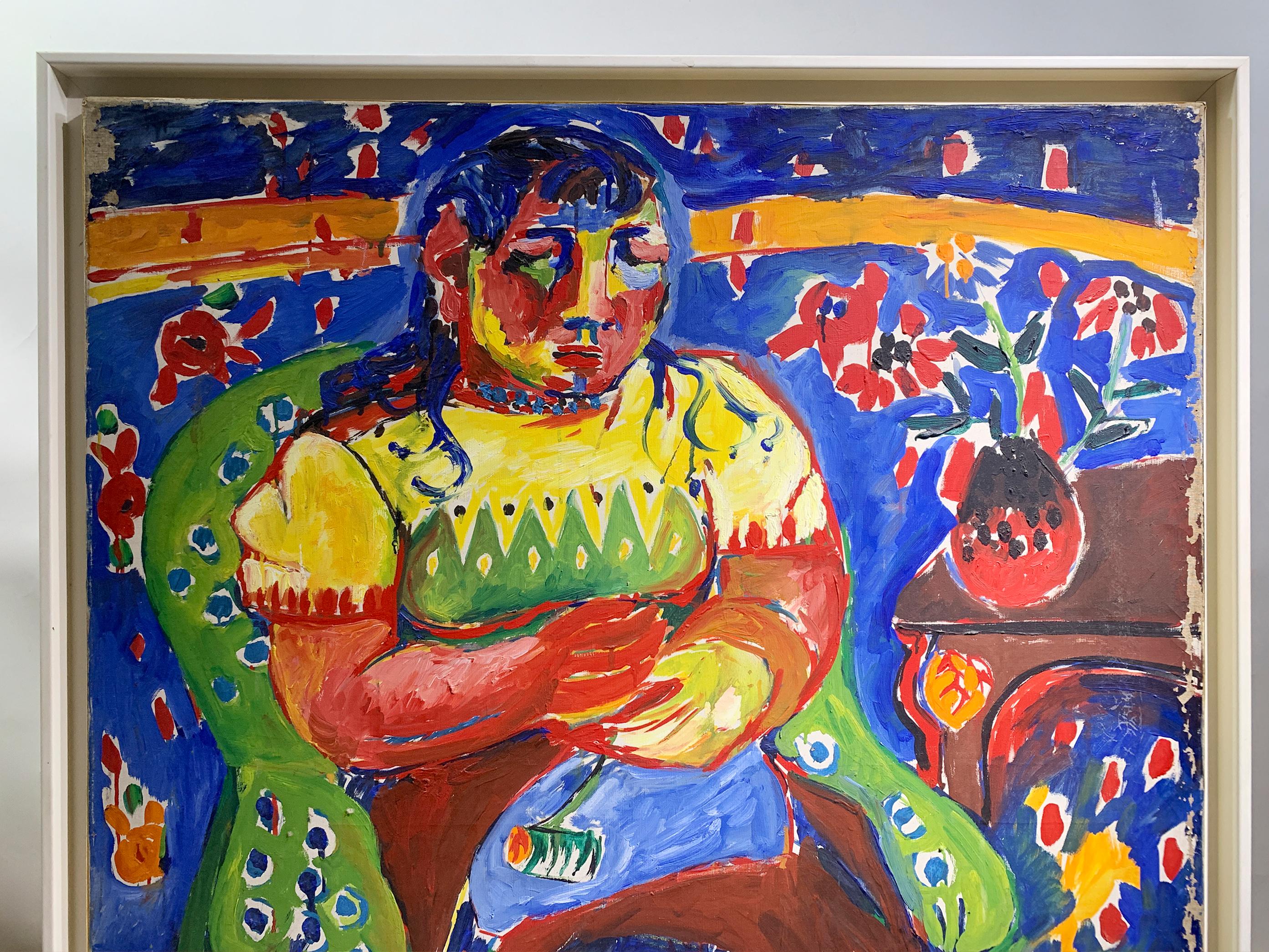 Portrait expressionniste audacieux d'une femme assise, signé 