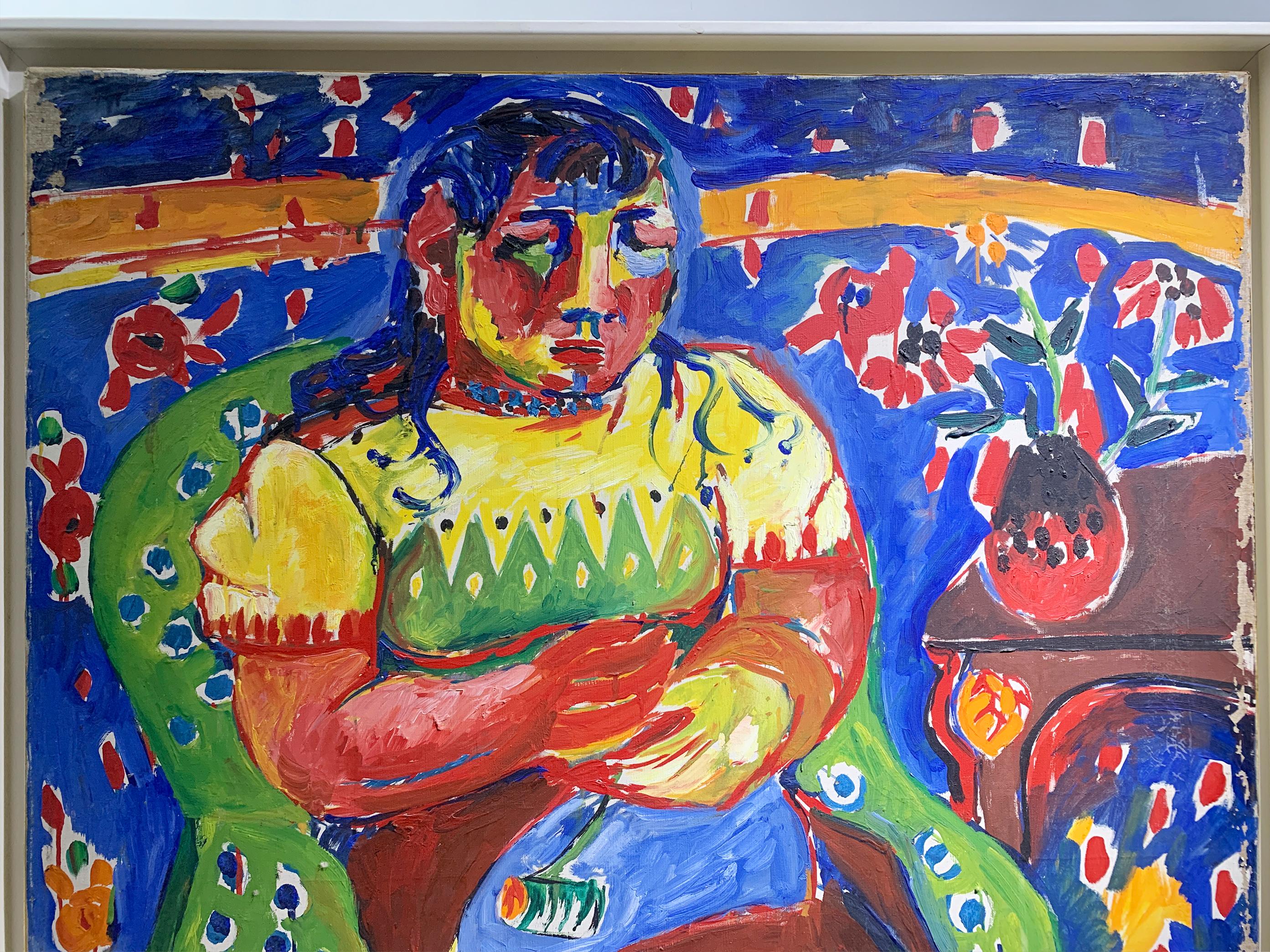 Portrait expressionniste audacieux d'une femme assise, signé 