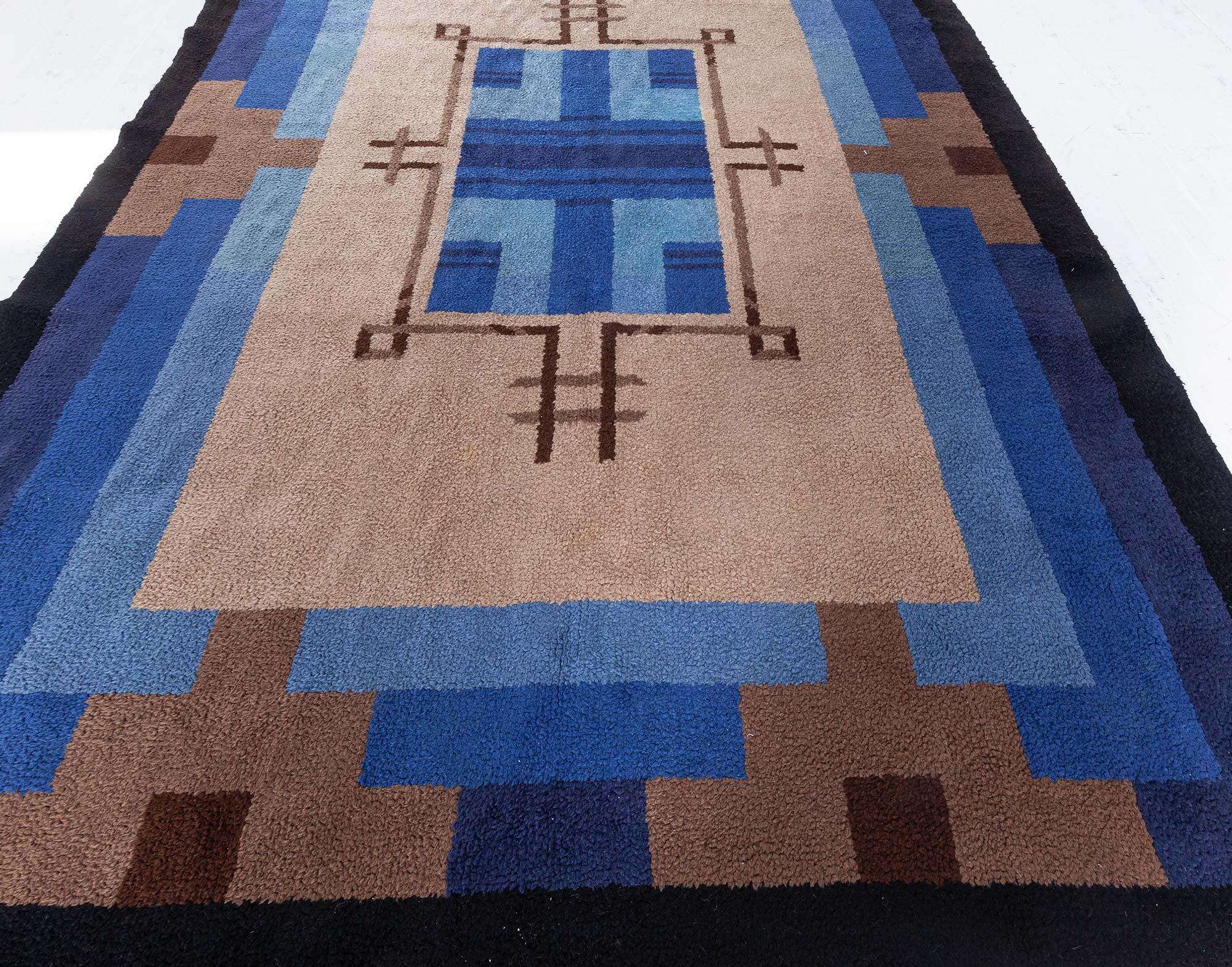 Hand-Knotted Mid-20th Century Bold French Art Deco Handmade Wool Rug For Sale