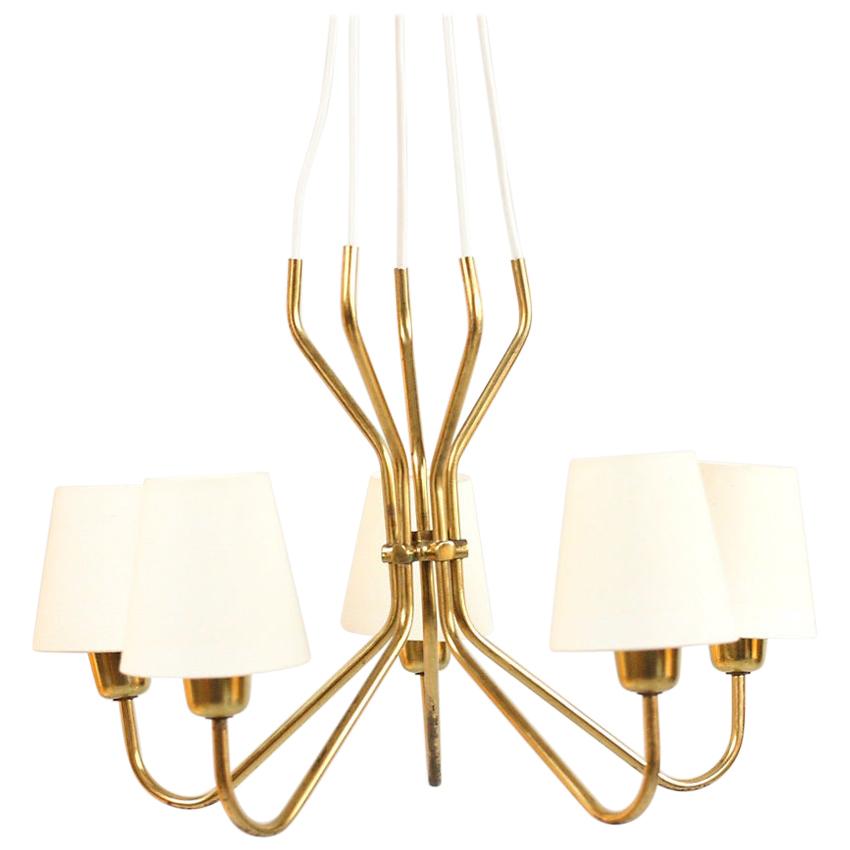 Mid-20th Century Brass and Cream Chandelier