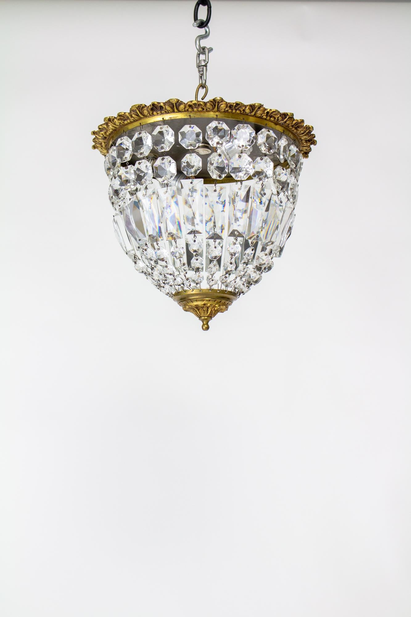 Hollywood Regency Mid 20th Century Brass and Crystal Basket Flush Mount Fixture For Sale