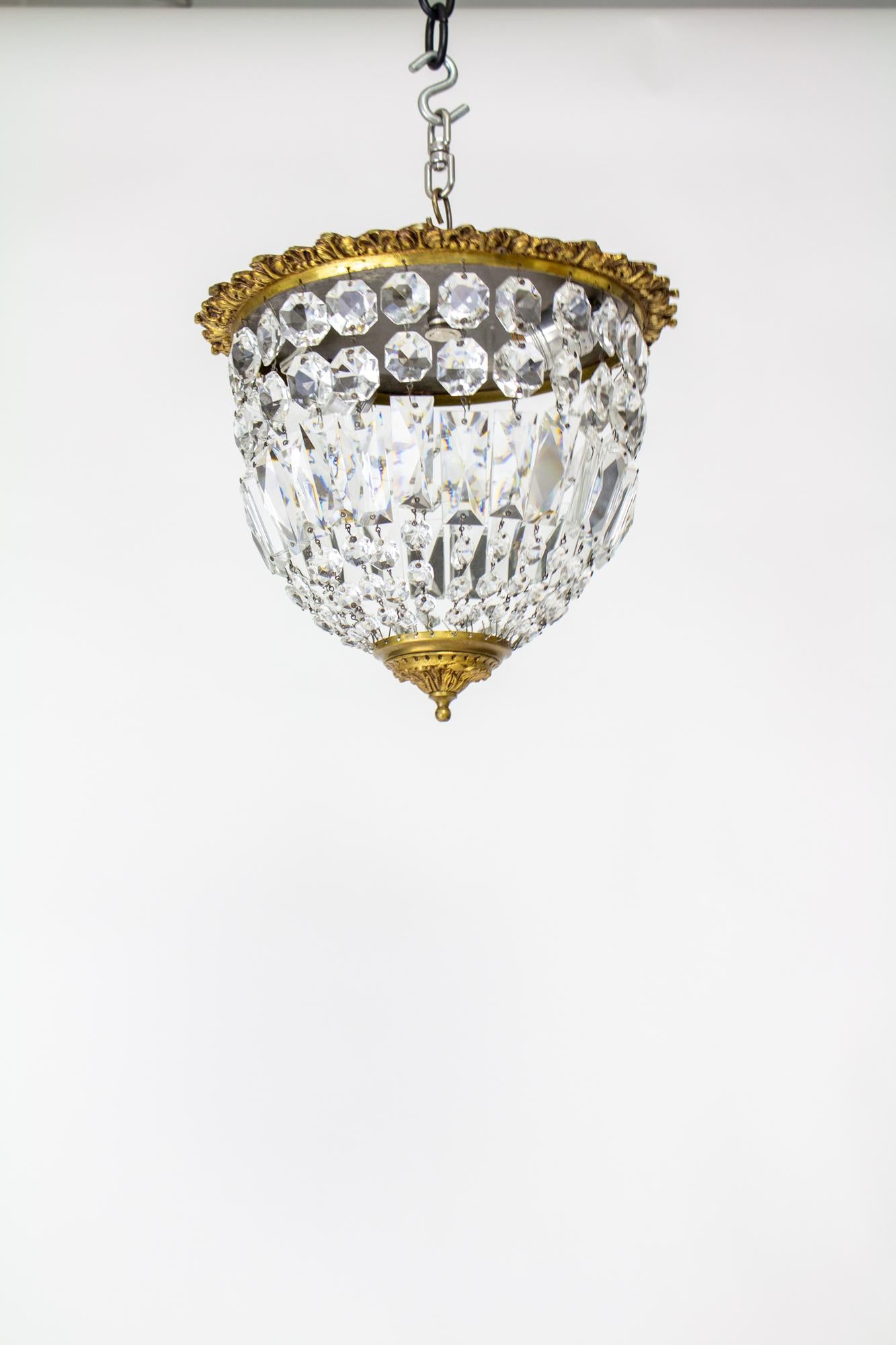 American Mid 20th Century Brass and Crystal Basket Flush Mount Fixture For Sale