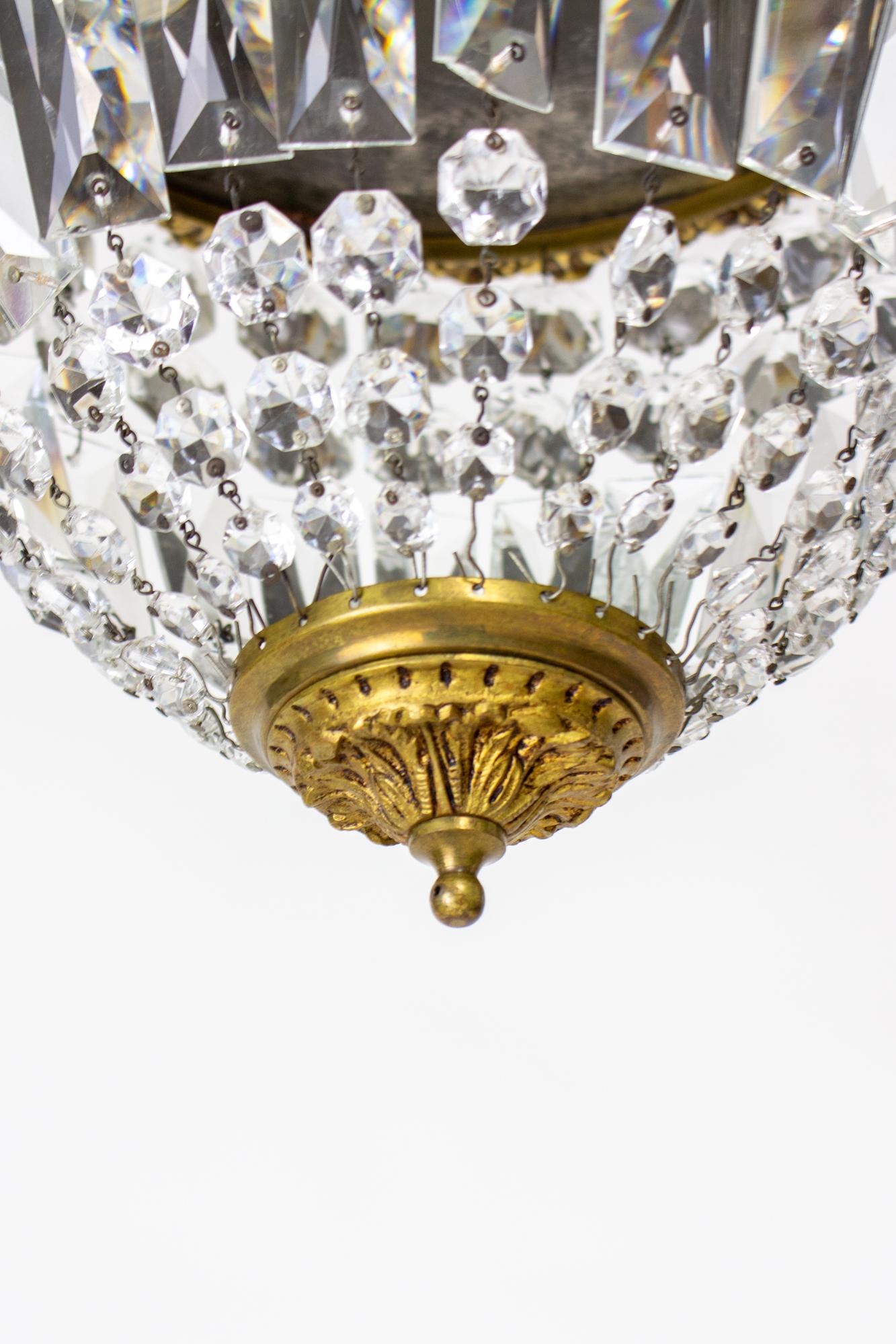 Mid 20th Century Brass and Crystal Basket Flush Mount Fixture In Good Condition For Sale In Canton, MA