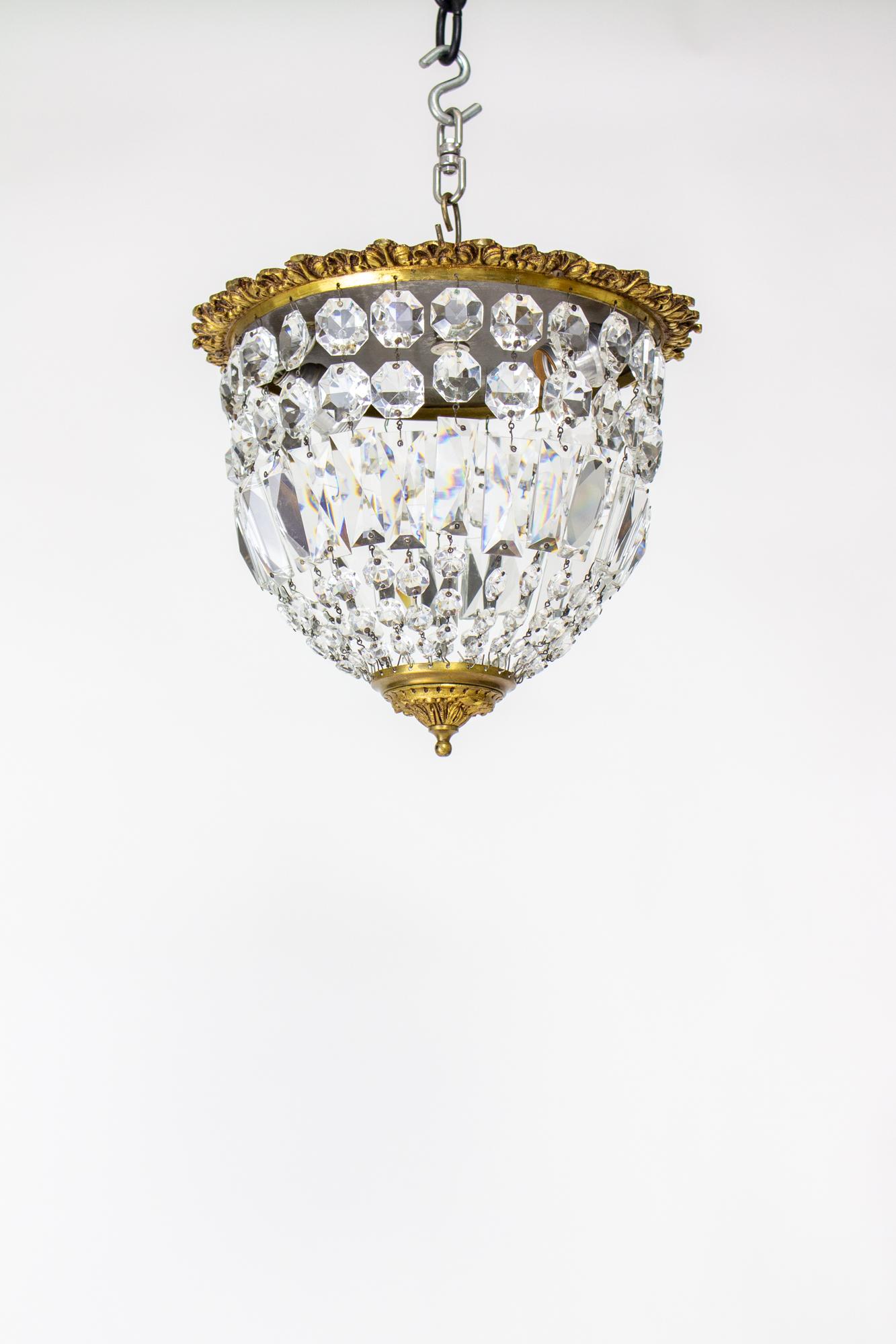 Mid 20th Century Brass and Crystal Basket Flush Mount Fixture For Sale 3