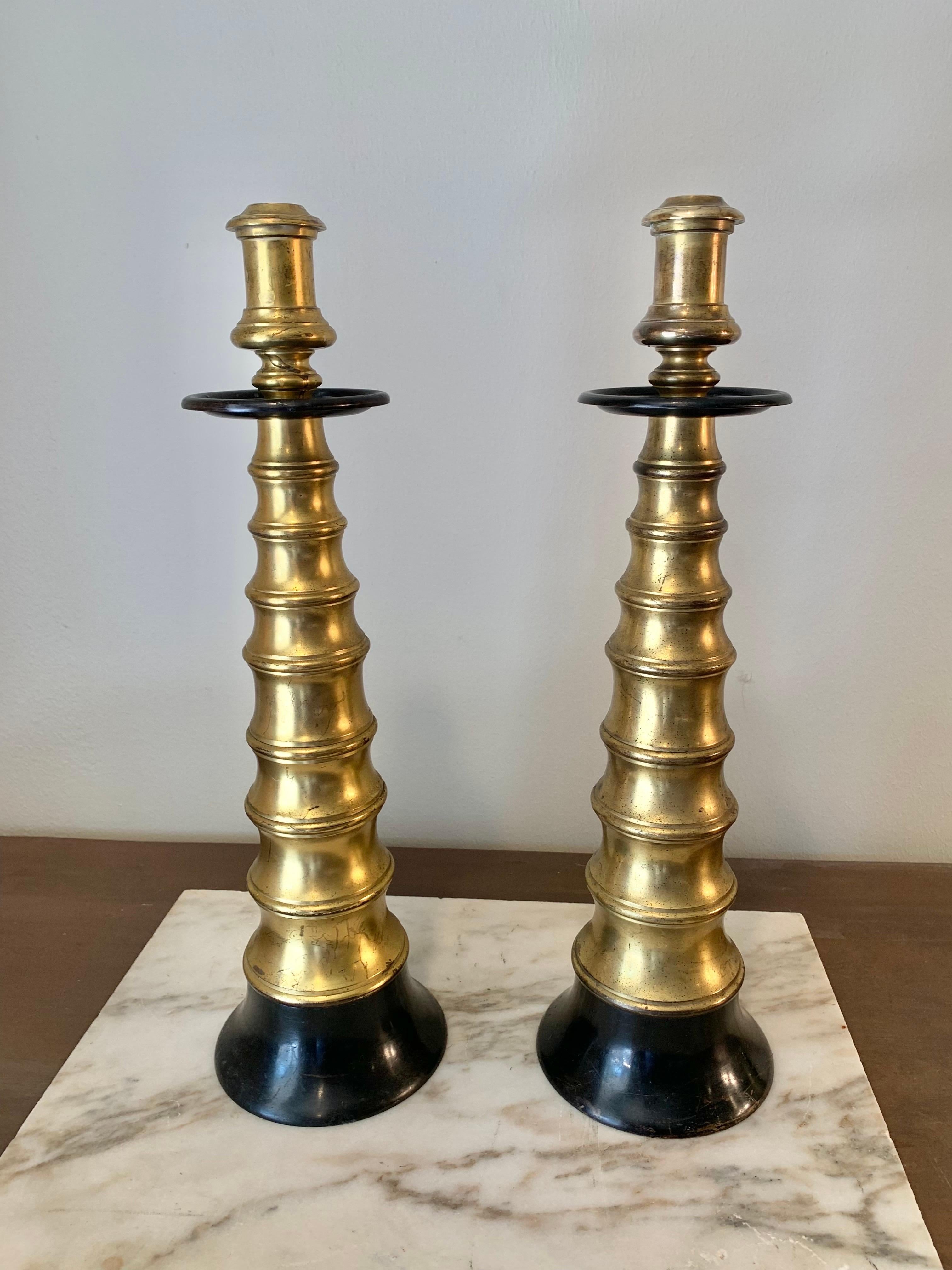 American Mid 20th Century Brass and Ebonized Candle Holders - a Pair For Sale