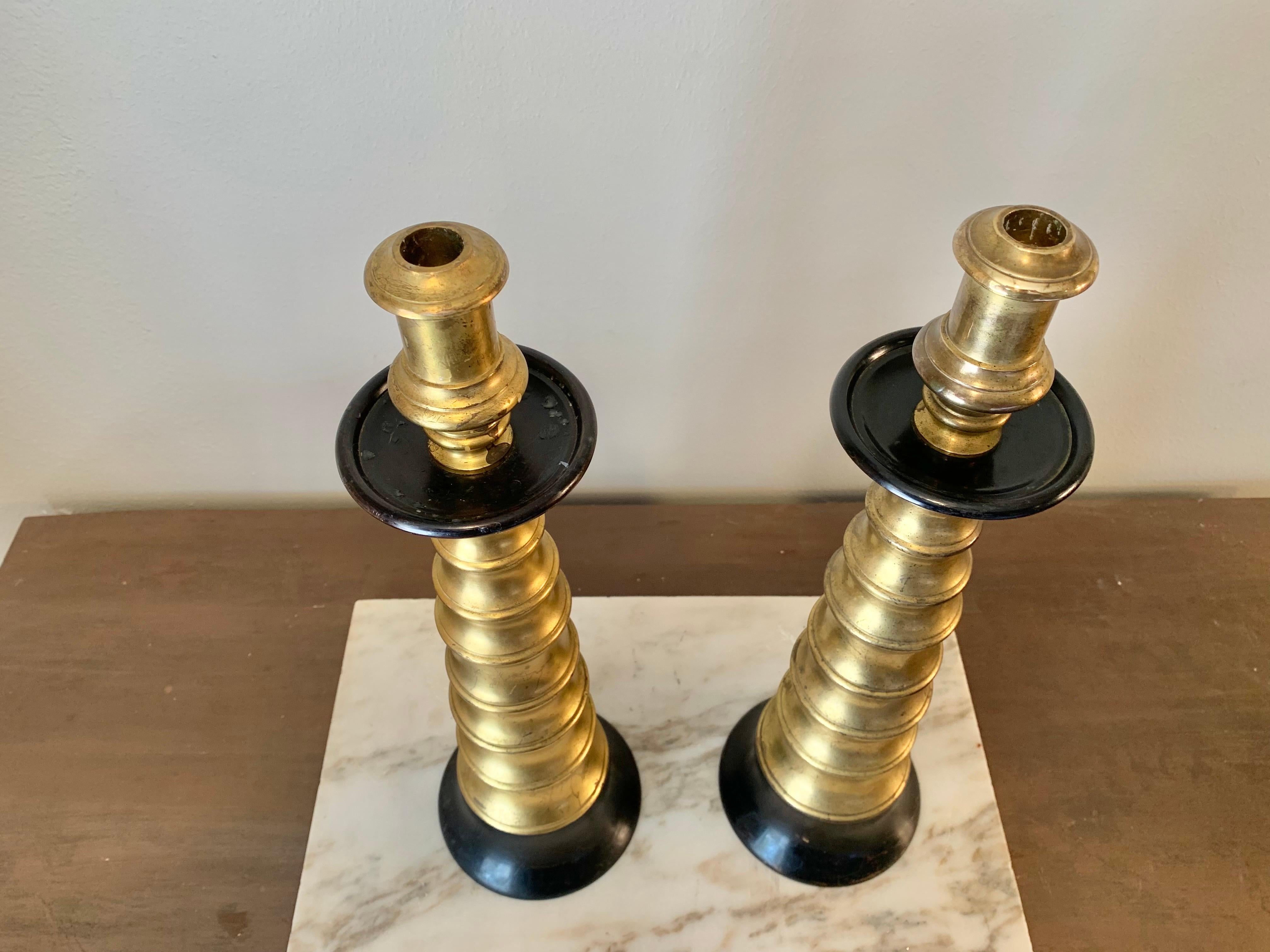 Mid 20th Century Brass and Ebonized Candle Holders - a Pair In Good Condition For Sale In Burton, TX