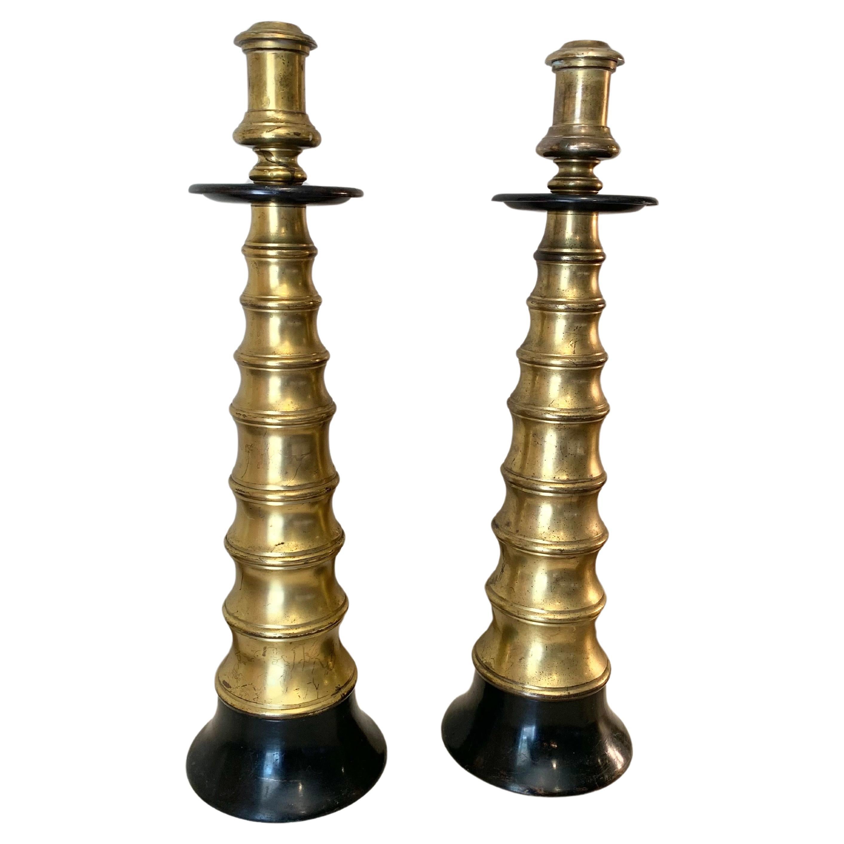 Mid 20th Century Brass and Ebonized Candle Holders - a Pair For Sale