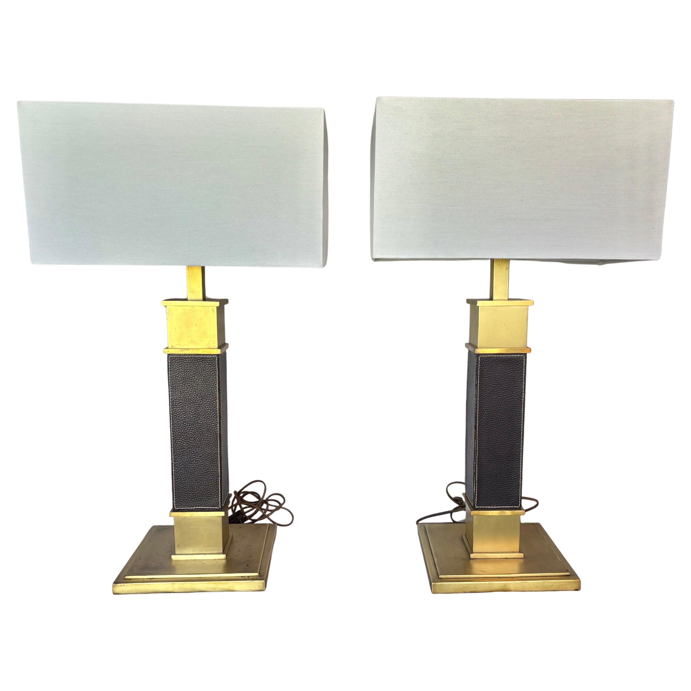 Mid 20th Century Brass and Leather Table Lamps - A Pair