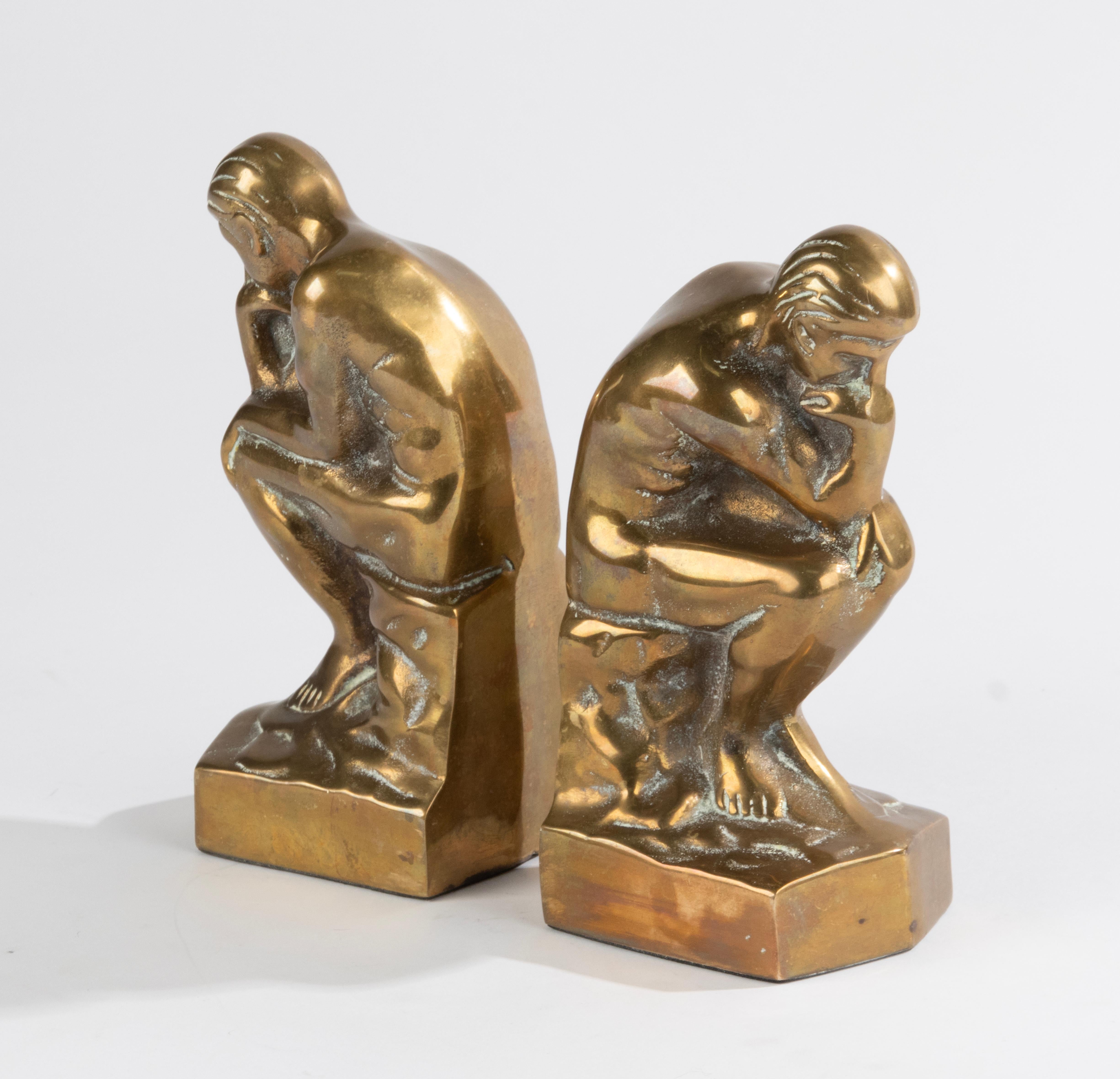 Mid-20th Century Brass Bookends Inspired by 'the Thinker' from Auguste Rodin In Good Condition For Sale In Casteren, Noord-Brabant